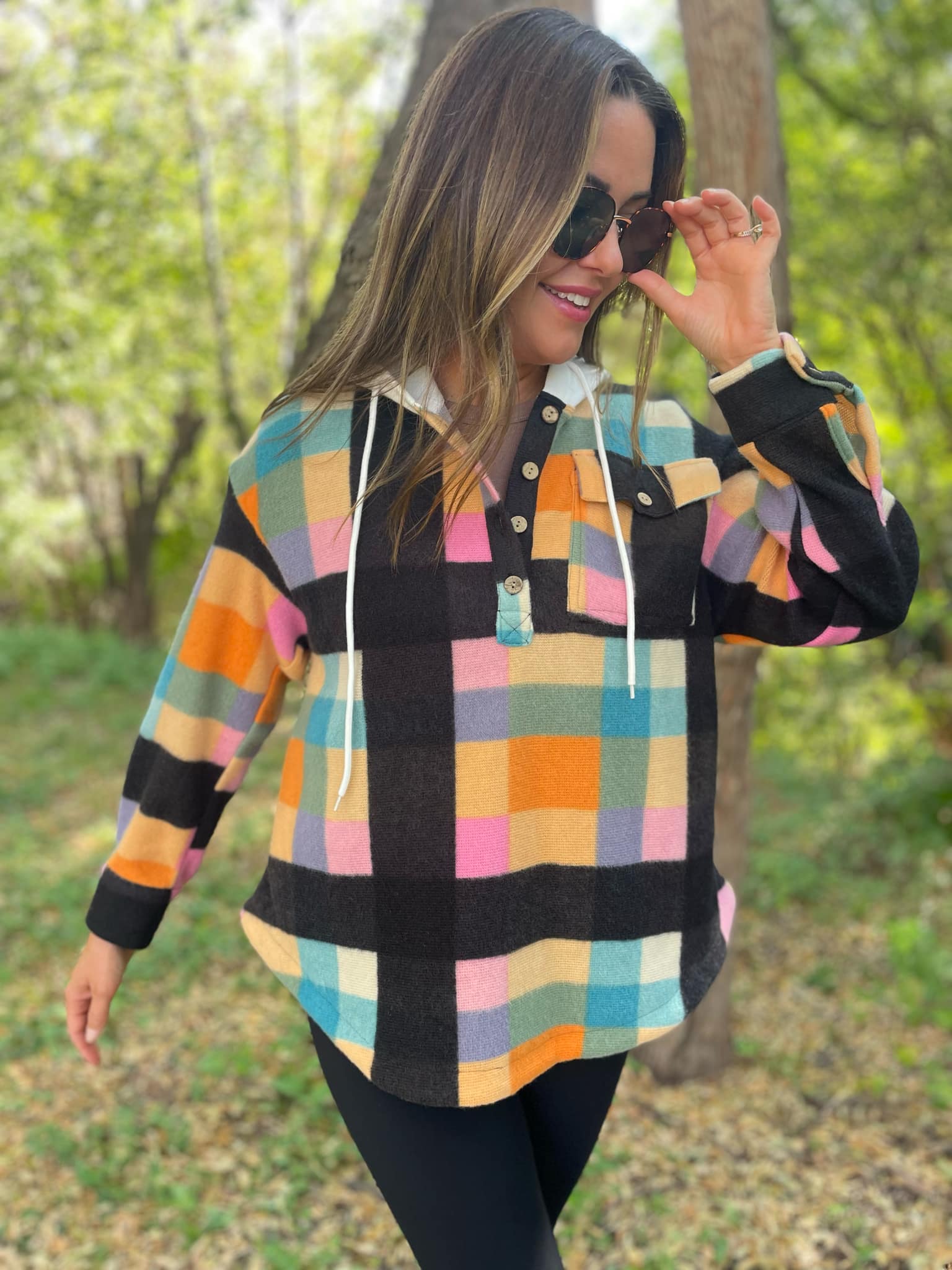 PREORDER: Rainbow Plaid Button Hoodie - Image 3