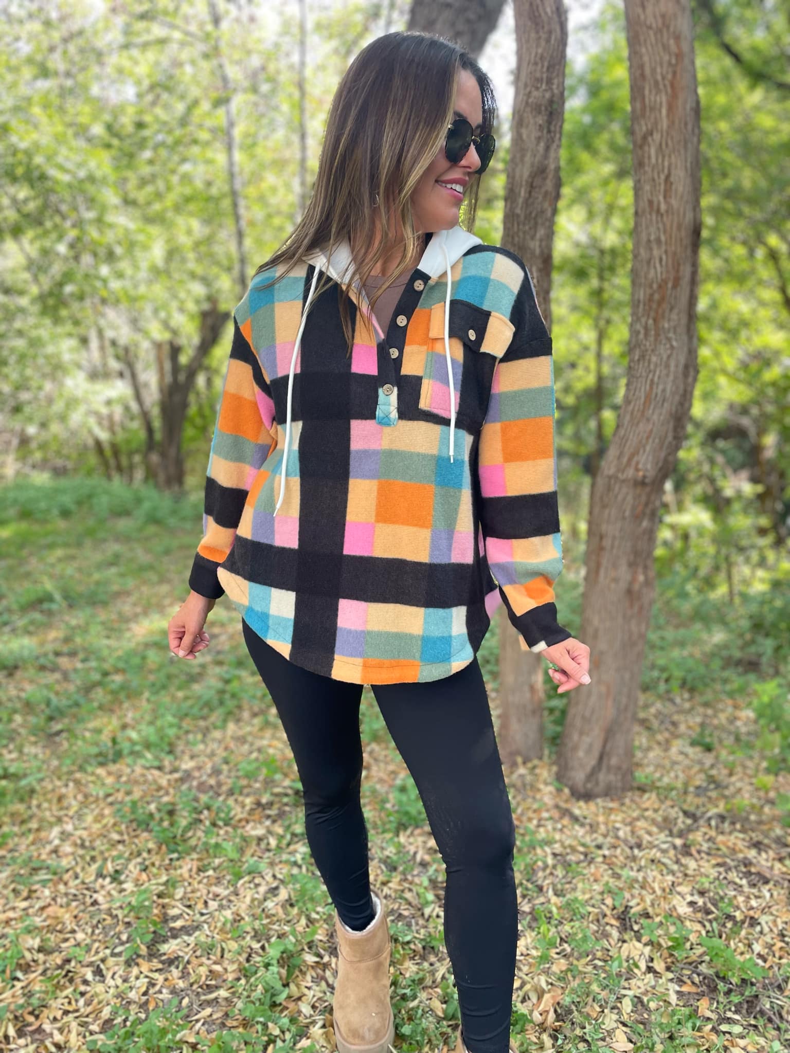PREORDER: Rainbow Plaid Button Hoodie - Image 4