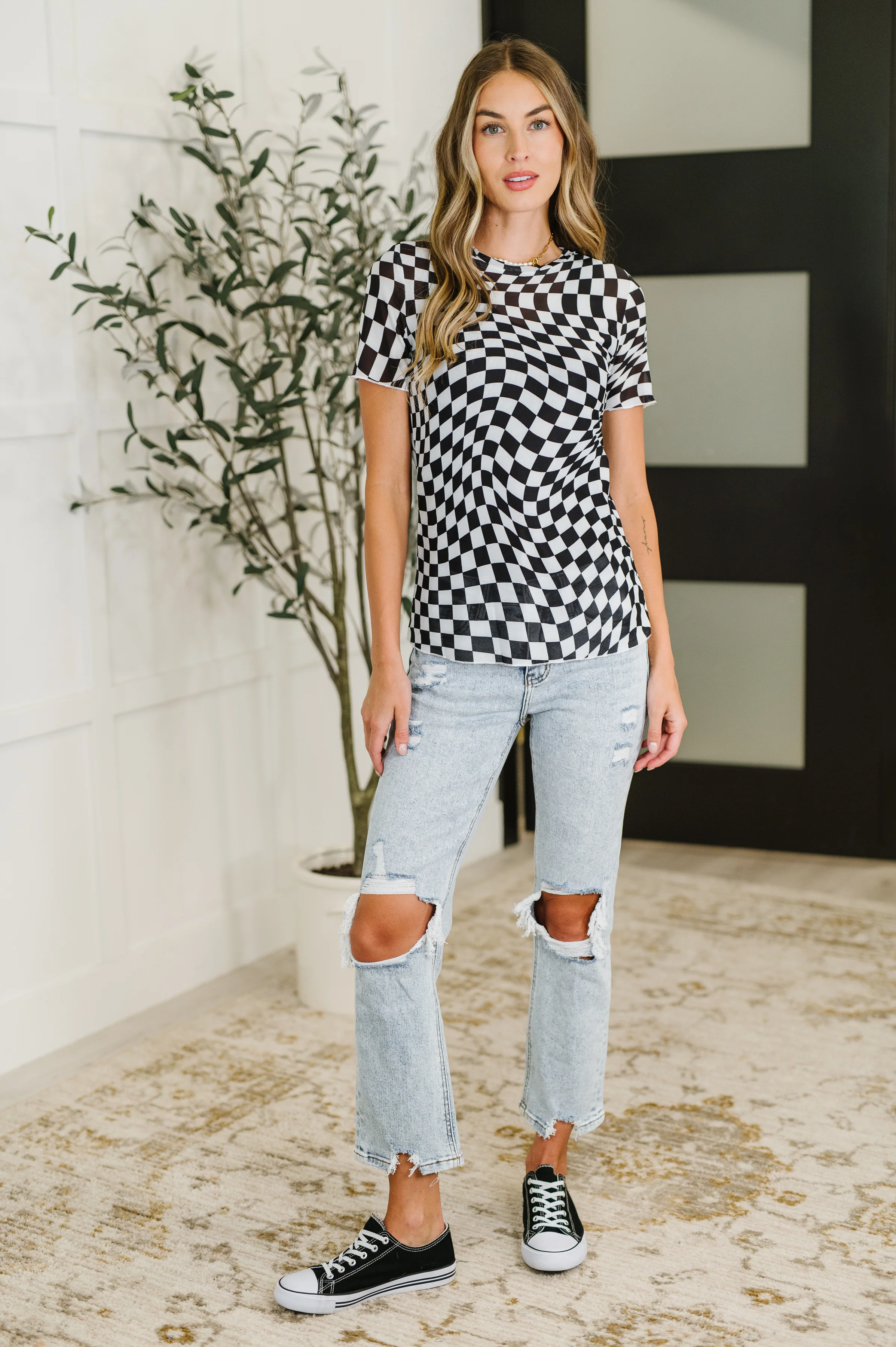 PREORDER: Sheer Checkered Layering Short Sleeve Top - Ships in 2-3 weeks - Image 3
