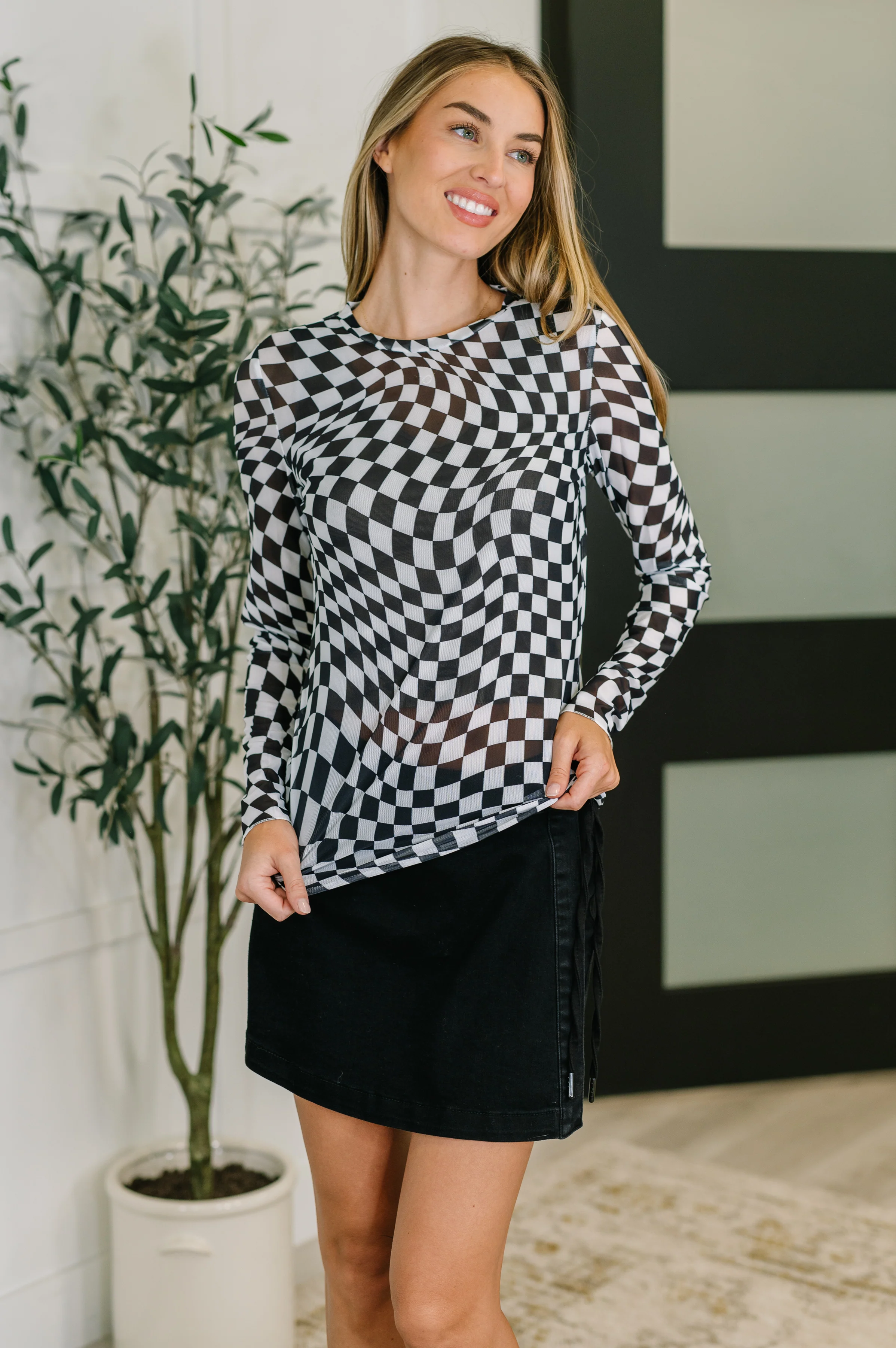 PREORDER: Sheer Long Sleeve Checkered Layering Top in Three Colors - Ships in 4 weeks - Image 2