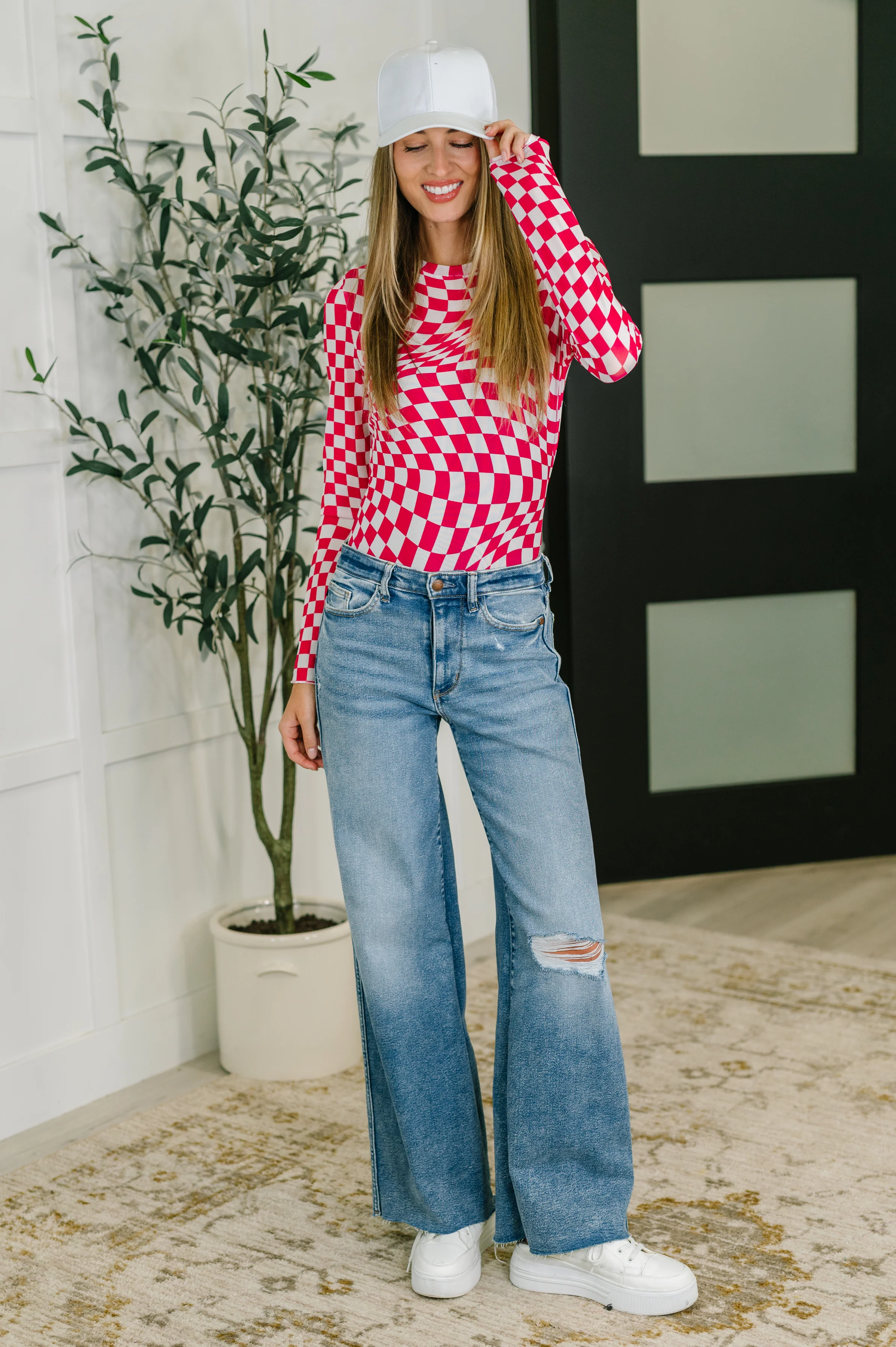 PREORDER: Sheer Long Sleeve Checkered Layering Top in Three Colors - Ships in 4 weeks - Image 4