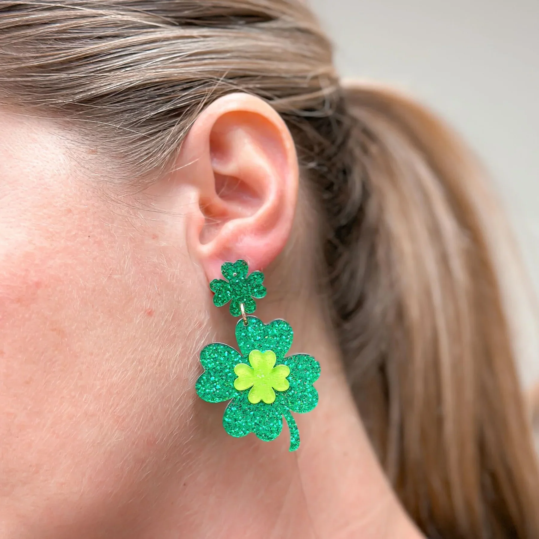PREORDER: Shimmering Lucky Clover Dangle Earrings - Image 2