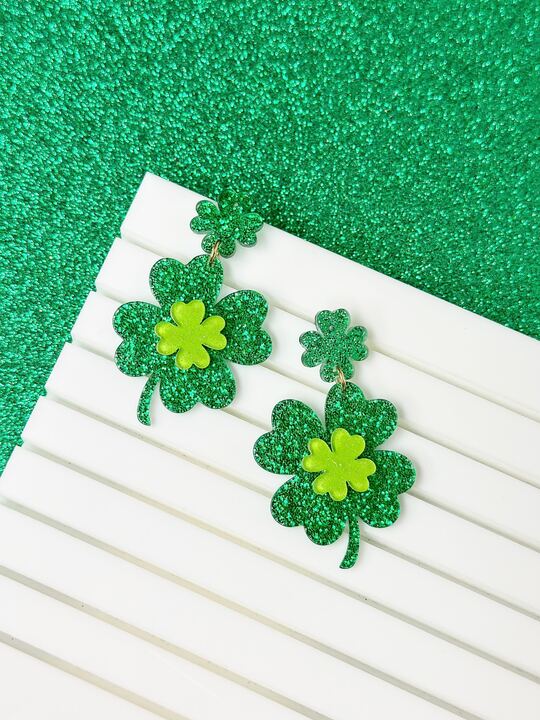 PREORDER: Shimmering Lucky Clover Dangle Earrings - Image 3