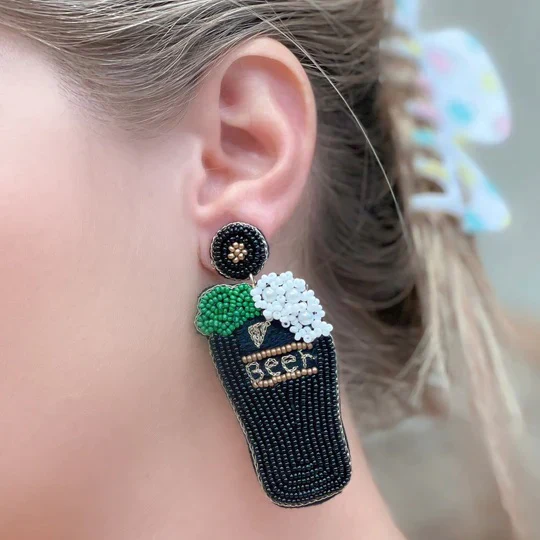 PREORDER: St. Paddy’s Beer Beaded Dangle Earrings - Image 2