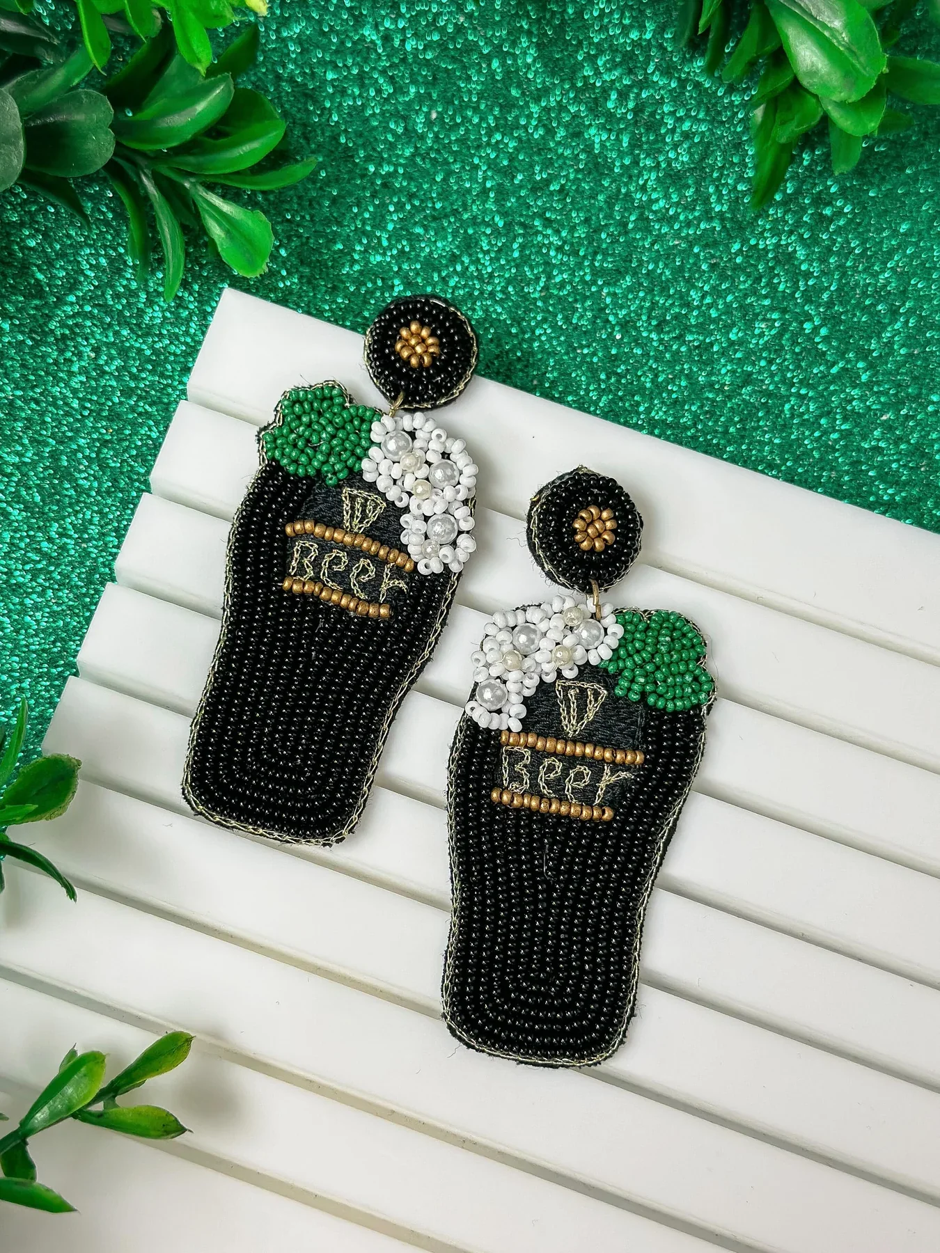 PREORDER: St. Paddy’s Beer Beaded Dangle Earrings - Image 3