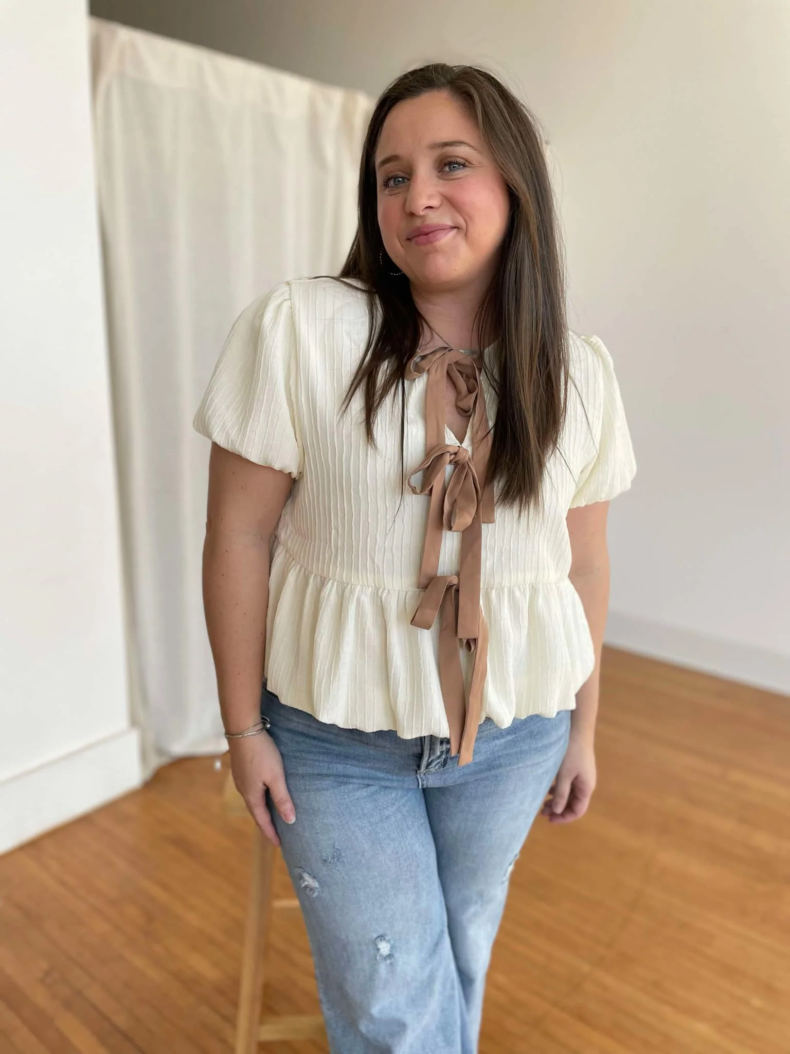 PREORDER: Tied Up In A Bow Textured Blouse - Image 2