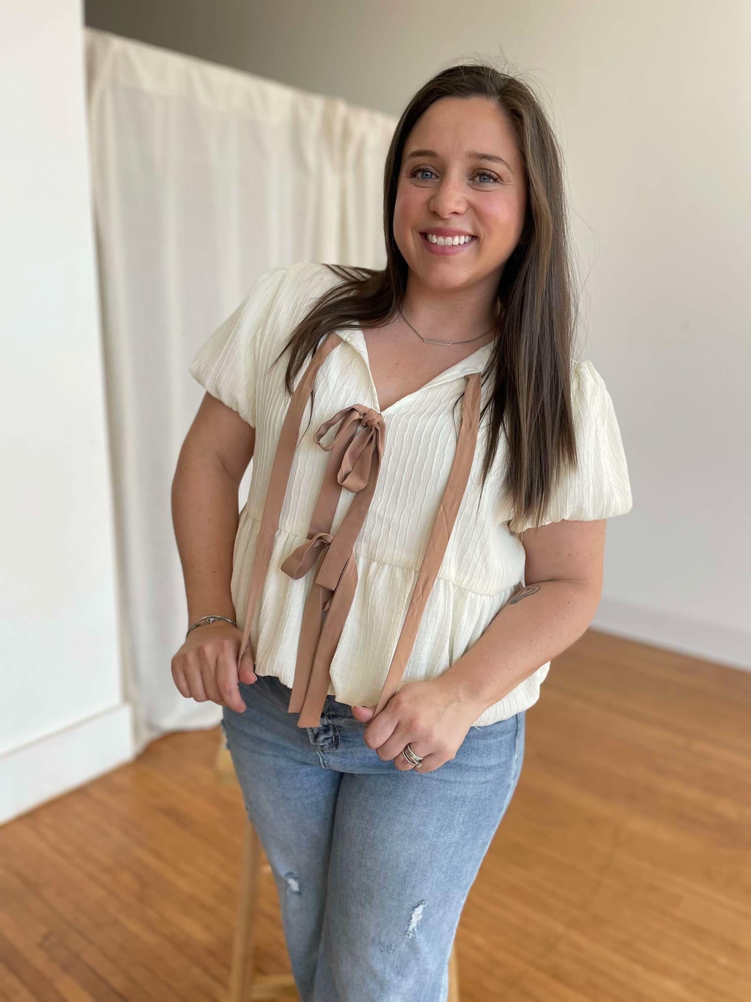 PREORDER: Tied Up In A Bow Textured Blouse - Image 3
