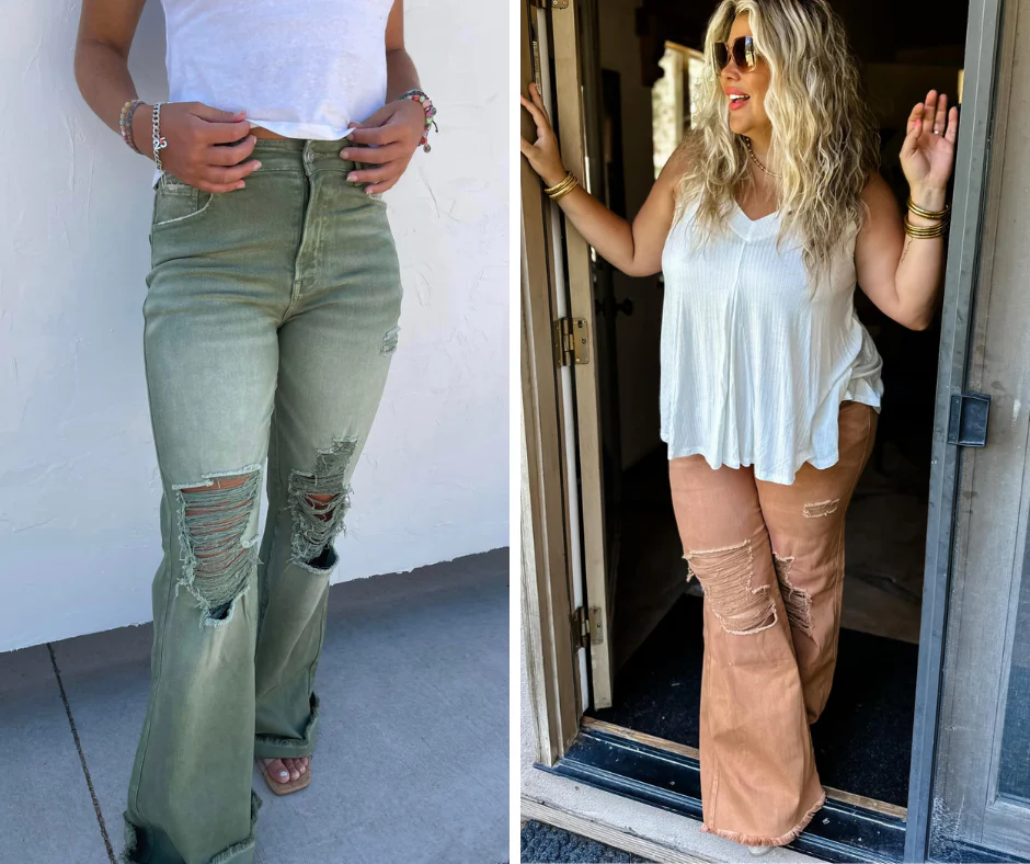 Blakeley Distressed Jeans In Olive and Camel - RTS