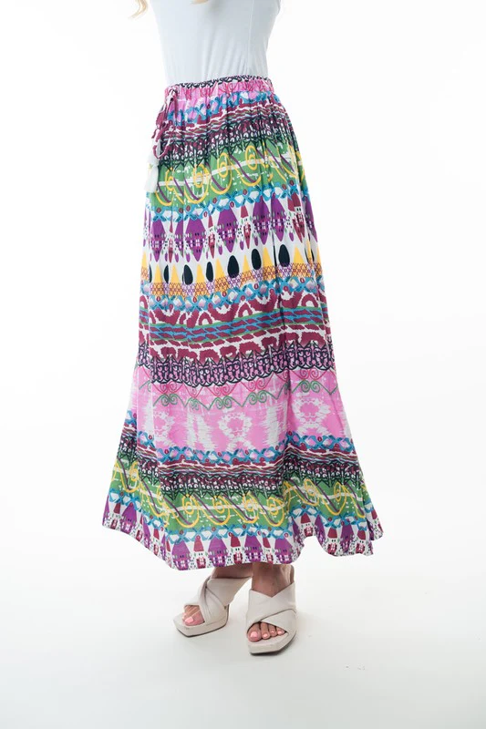 Printed Elastic Waist Band Long Skirt with Tassels in Pink Combo - Image 2