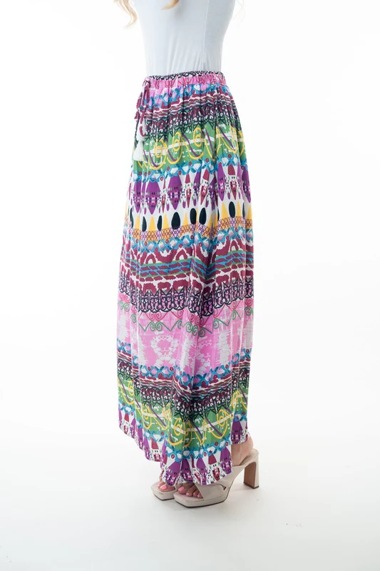 Printed Elastic Waist Band Long Skirt with Tassels in Pink Combo - Image 3