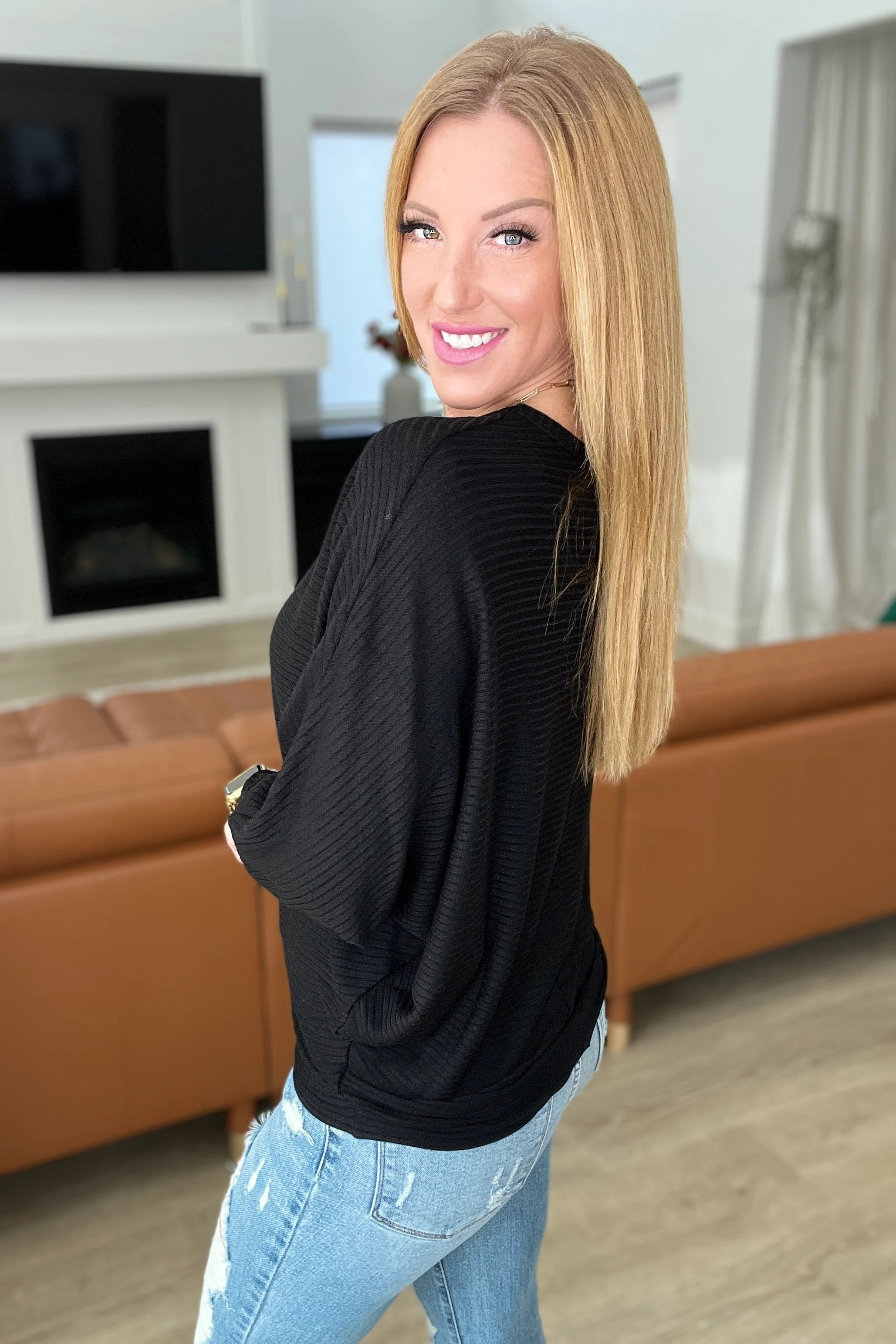 Ribbed Batwing Boat Neck Sweater in Black - 12/6/2023 - Image 4