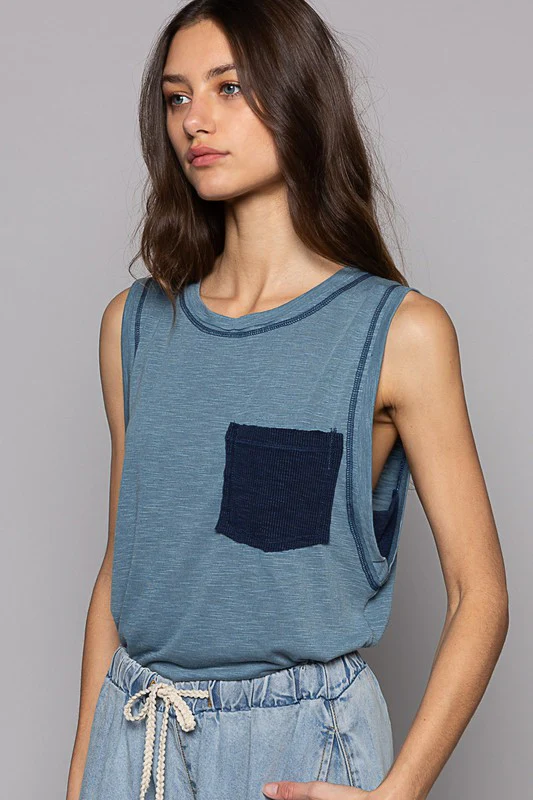 Round Neck Sleeveless Pocket Front Solid Top in Denim - Image 2