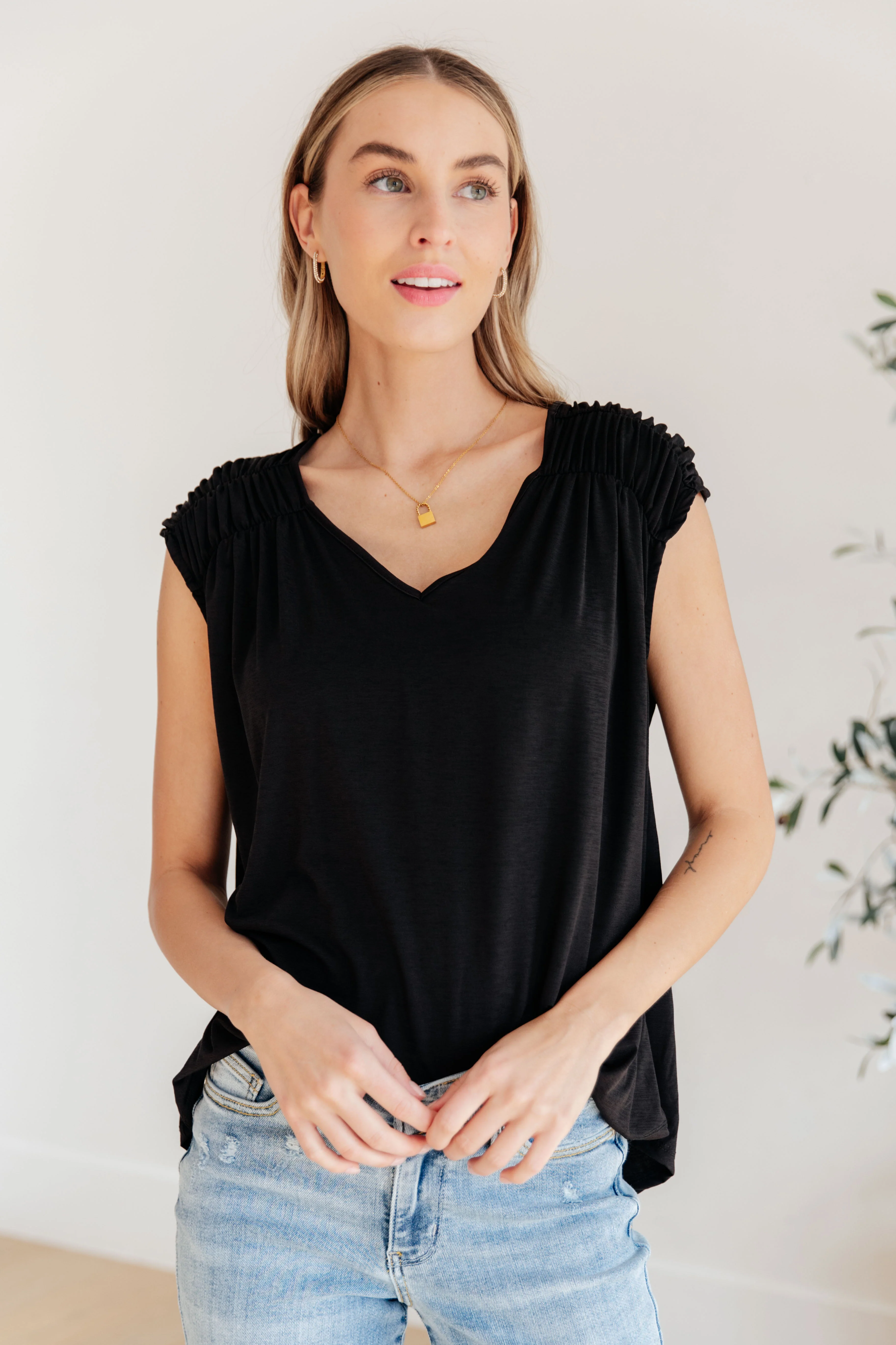 Ruched Cap Sleeve Top in Black - 3/22/2024 - Image 2