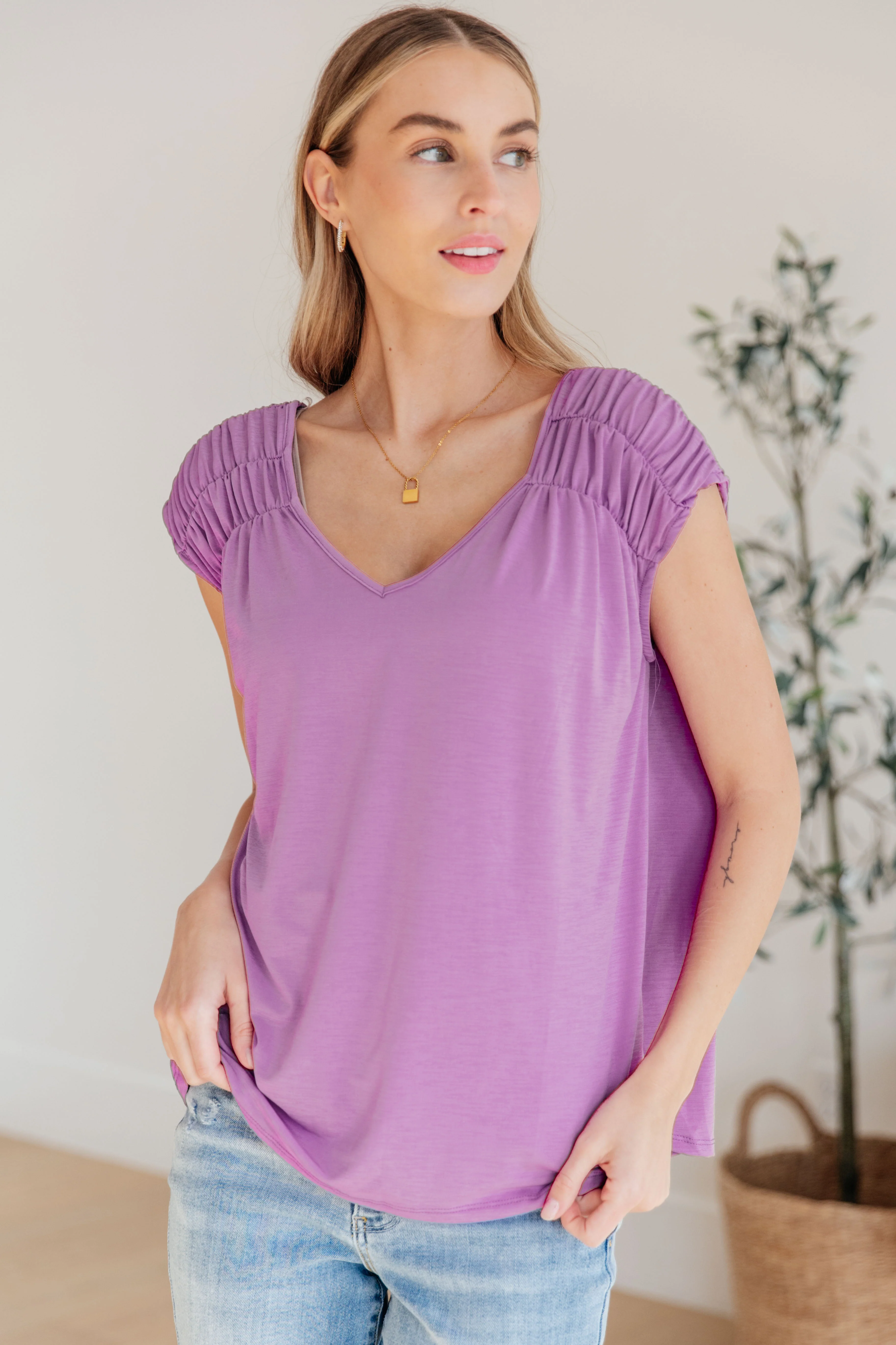 Ruched Cap Sleeve Top in Lavender - 3/22/2024