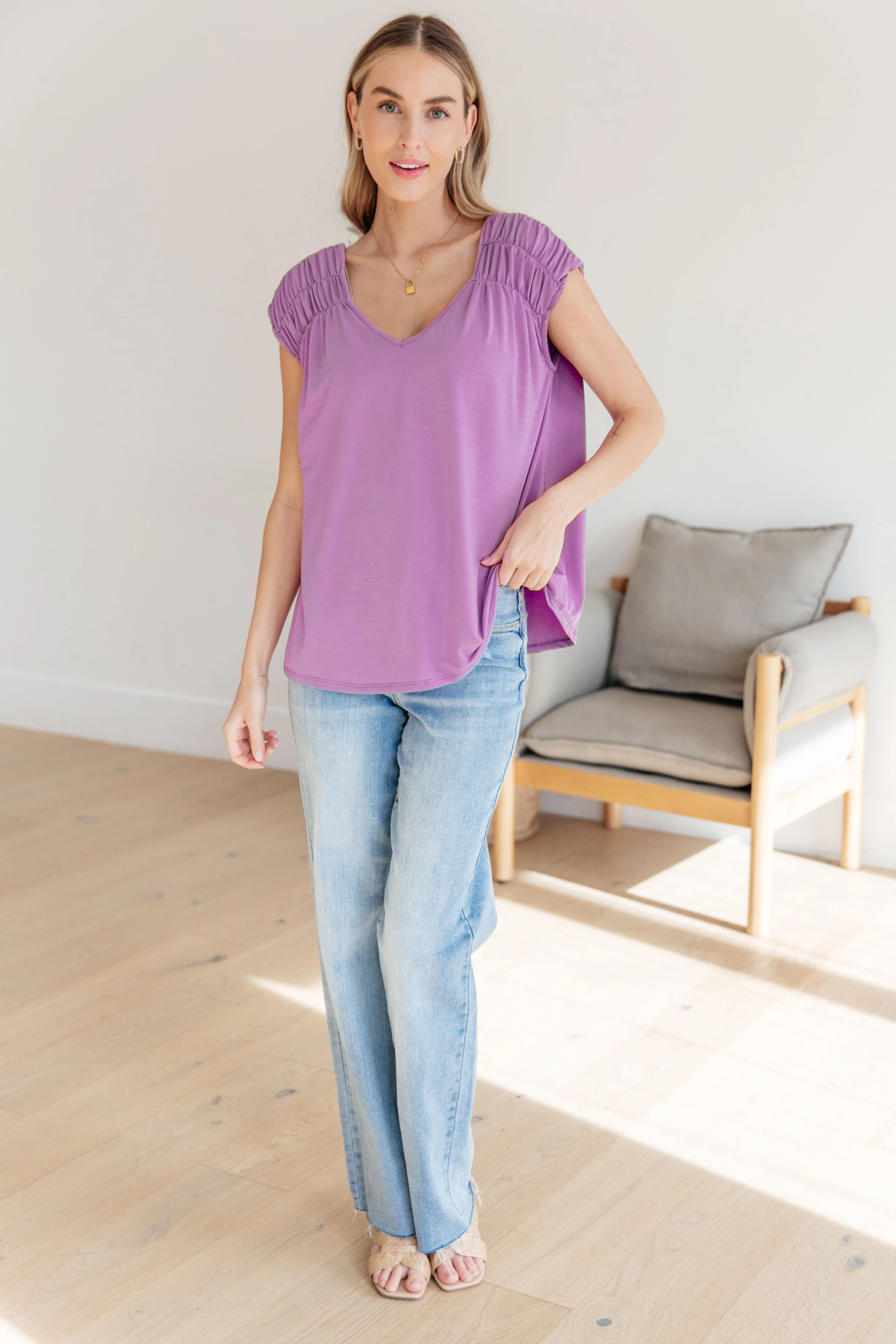 Ruched Cap Sleeve Top in Lavender - 3/22/2024 - Image 3