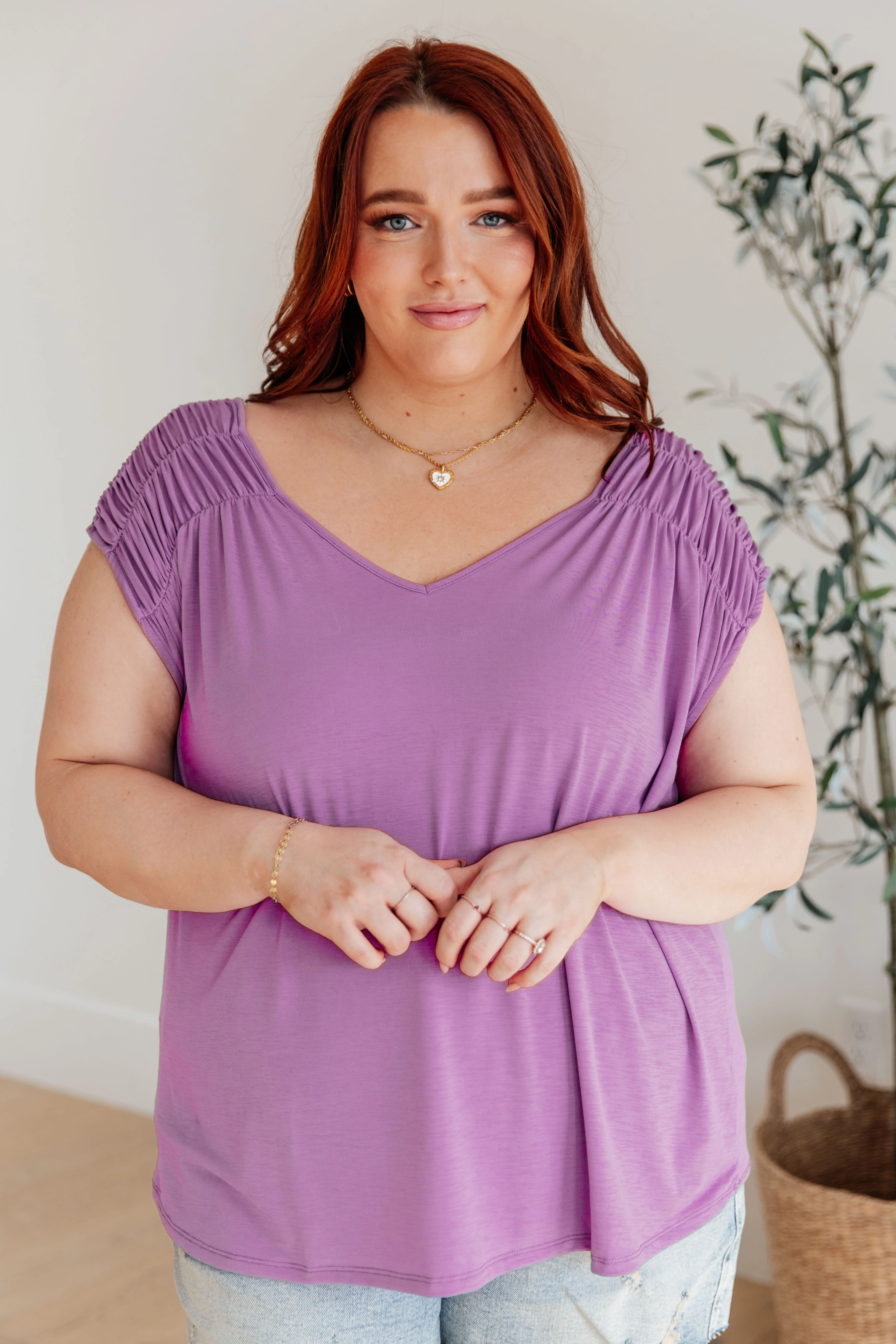 Ruched Cap Sleeve Top in Lavender - 3/22/2024 - Image 9