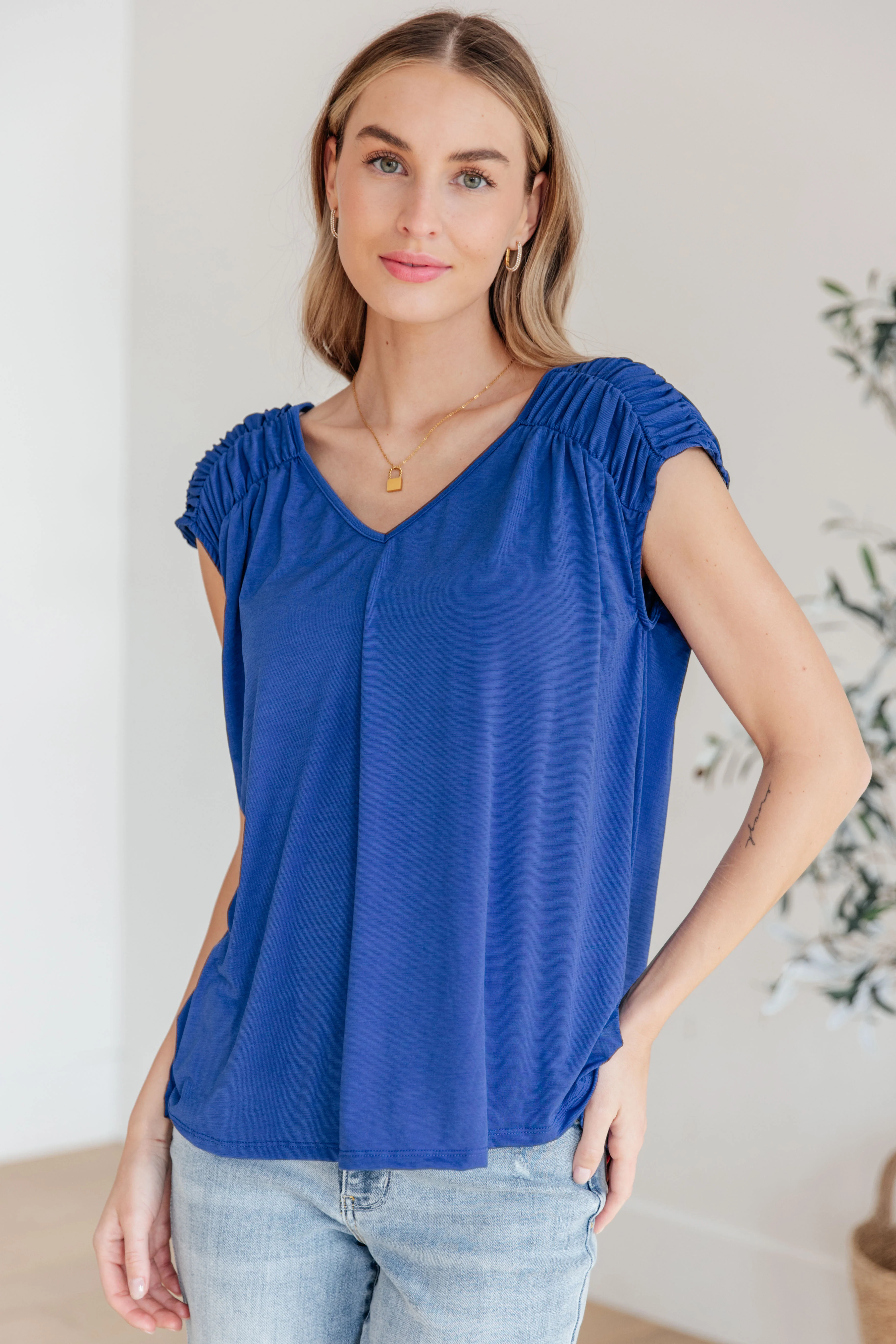 Ruched Cap Sleeve Top in Royal Blue - 3/22/2024 - Image 2