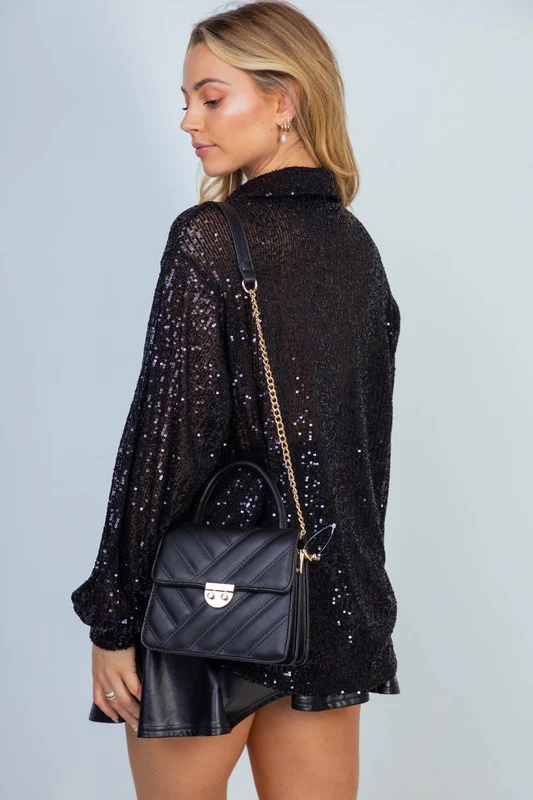 Sequin Mesh Knit Button Down Top in Black - Image 2