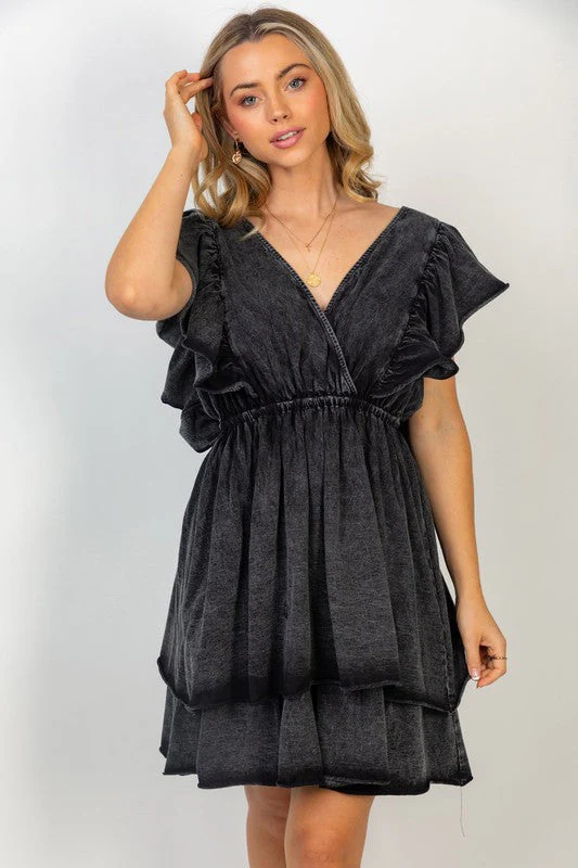 Short Flutter Sleeve Solid Knit Dress in Black - Image 2