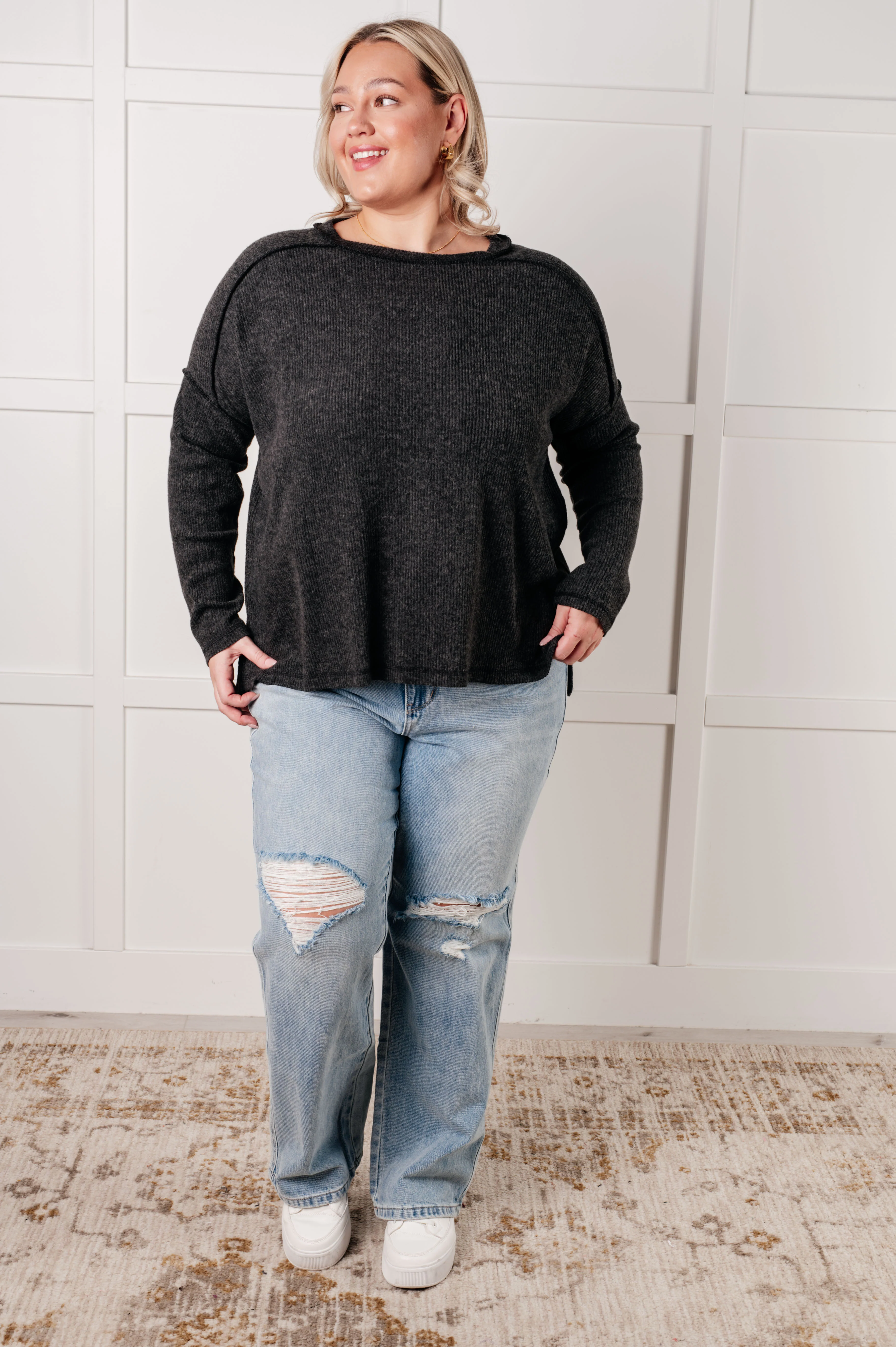 Simply Basic Ribbed Hacci Sweater in Black - 8/18/2025 - Image 2