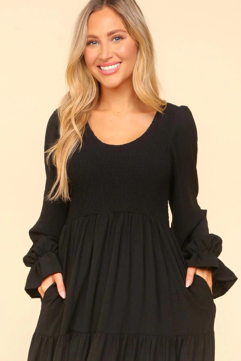 Smocking Maxi Woven Dress with Side Pockets in Black - Image 5