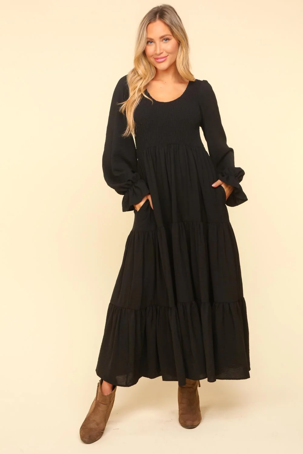 Smocking Maxi Woven Dress with Side Pockets in Black - Image 6