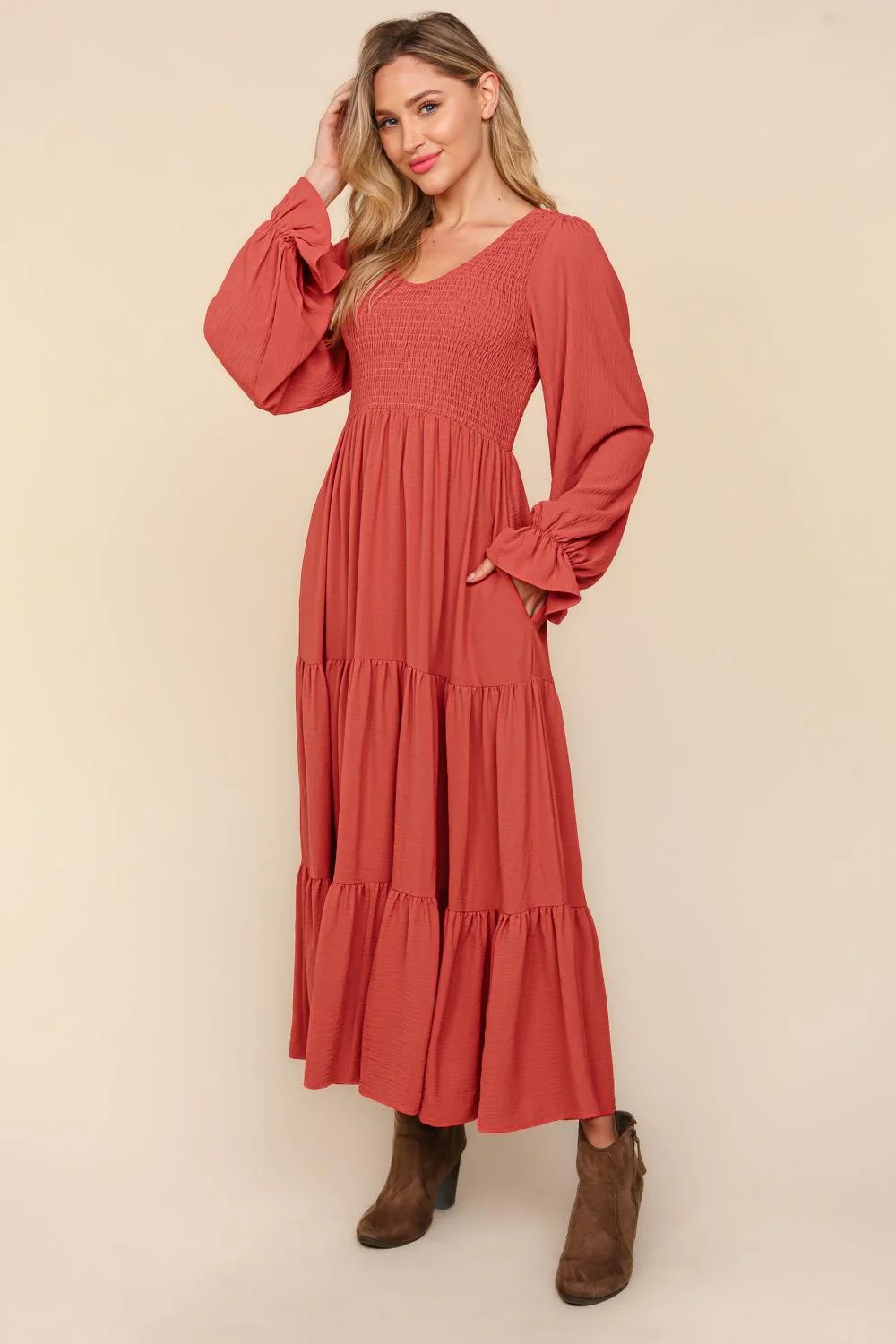 Smocking Maxi Woven Dress with Side Pockets in Marsala - Image 3