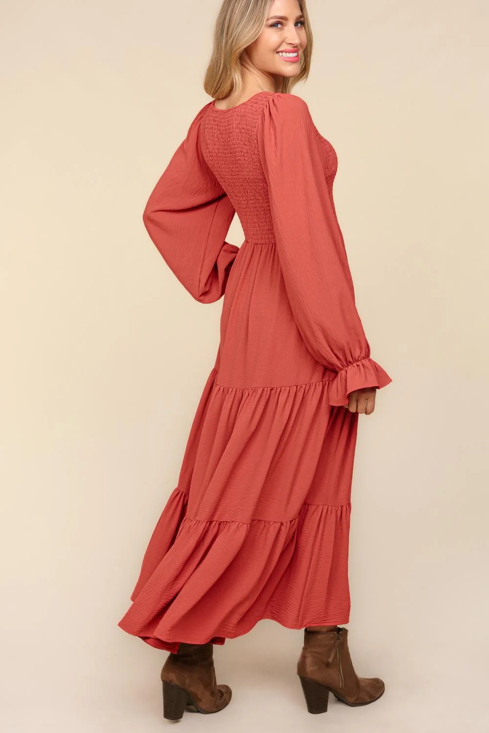 Smocking Maxi Woven Dress with Side Pockets in Marsala - Image 4