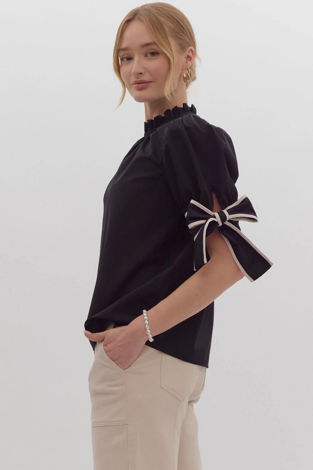 Solid Bow Tie Sleeve Blouse in Black - Image 2