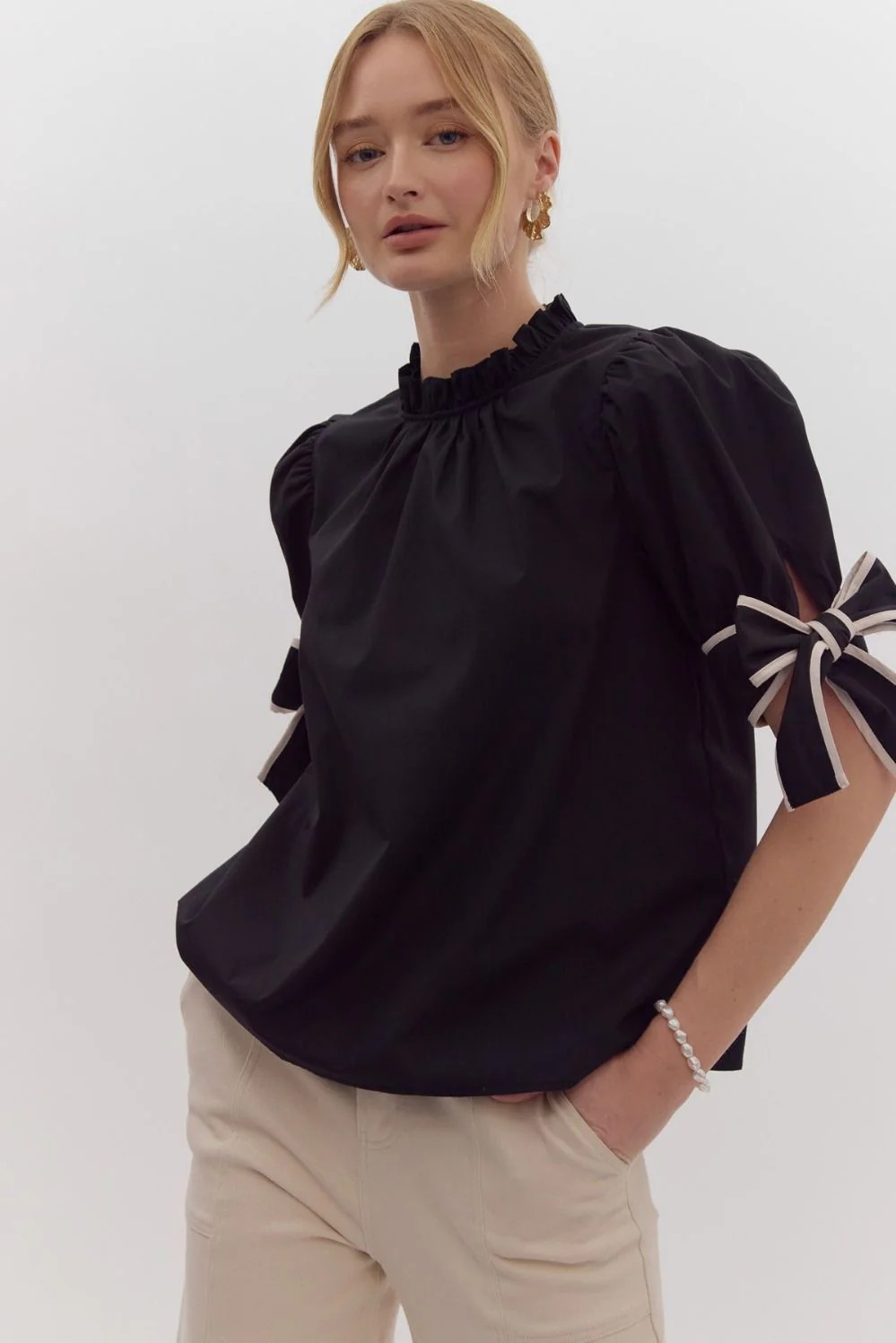 Solid Bow Tie Sleeve Blouse in Black - Image 3