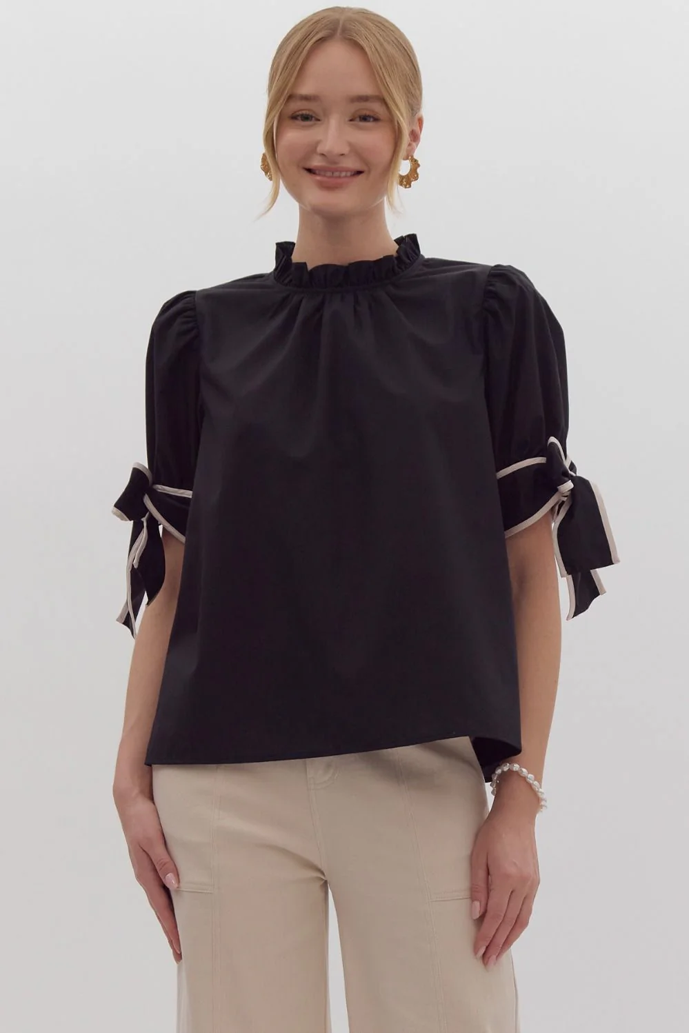 Solid Bow Tie Sleeve Blouse in Black - Image 4
