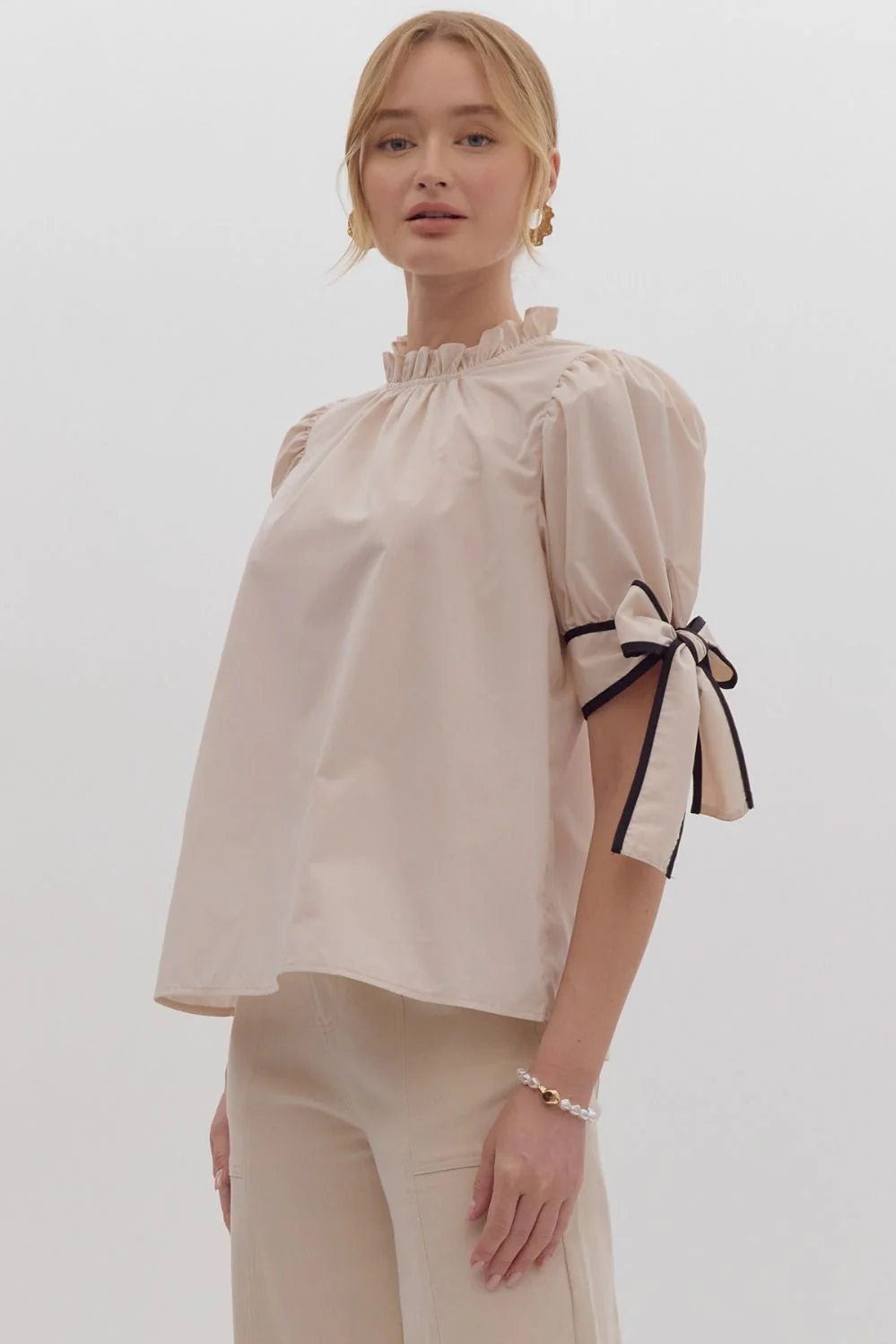 Solid Bow Tie Sleeve Blouse in Ecru - Image 3