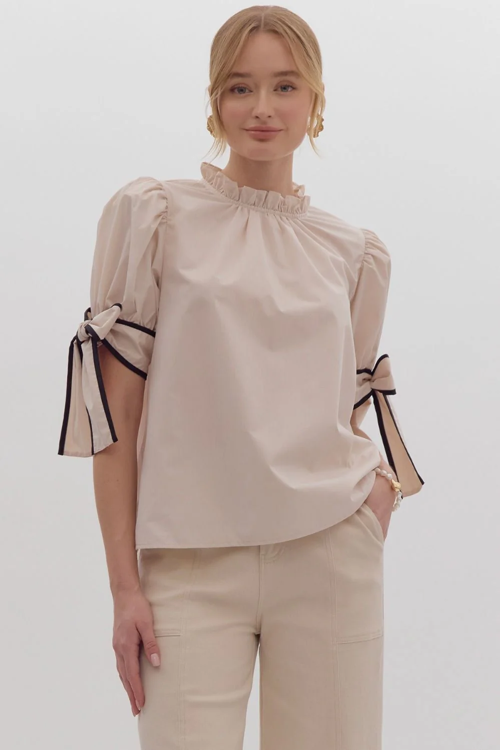 Solid Bow Tie Sleeve Blouse in Ecru - Image 4