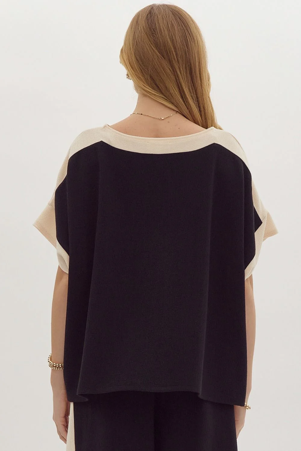 Solid Ribbed Contrast Trim Boatneck Top in Black - Image 3
