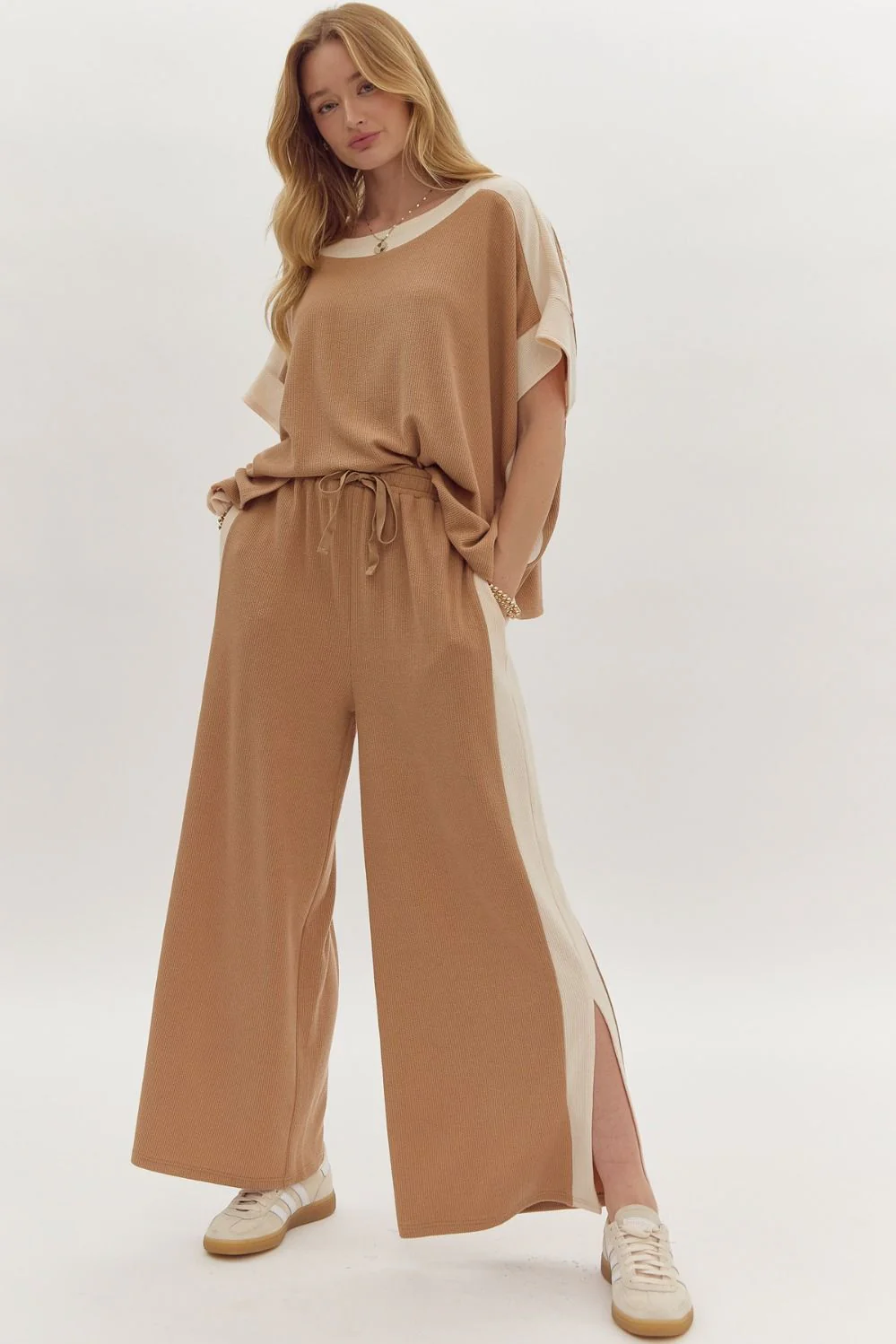 Solid Ribbed Contrast Trim Boatneck Top in Camel - Image 2