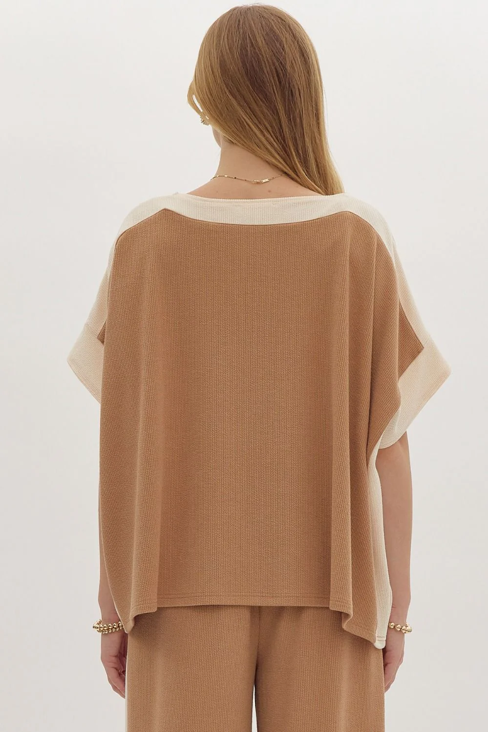 Solid Ribbed Contrast Trim Boatneck Top in Camel - Image 3