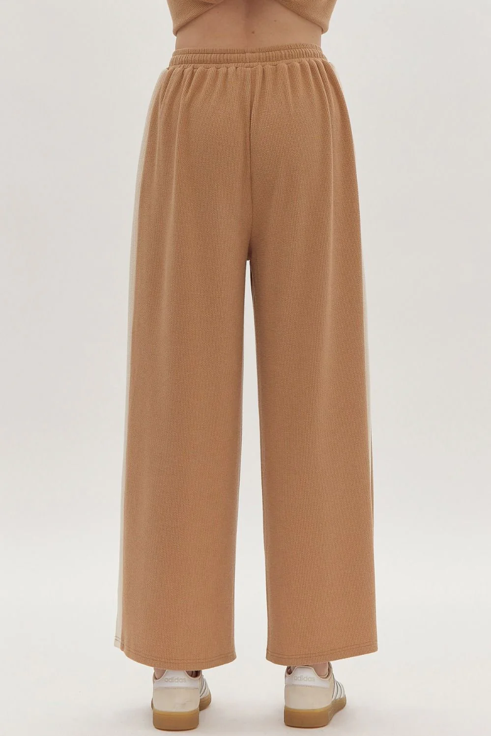 Solid Ribbed Contrast Trim Wide Leg Pants in Camel - Image 3