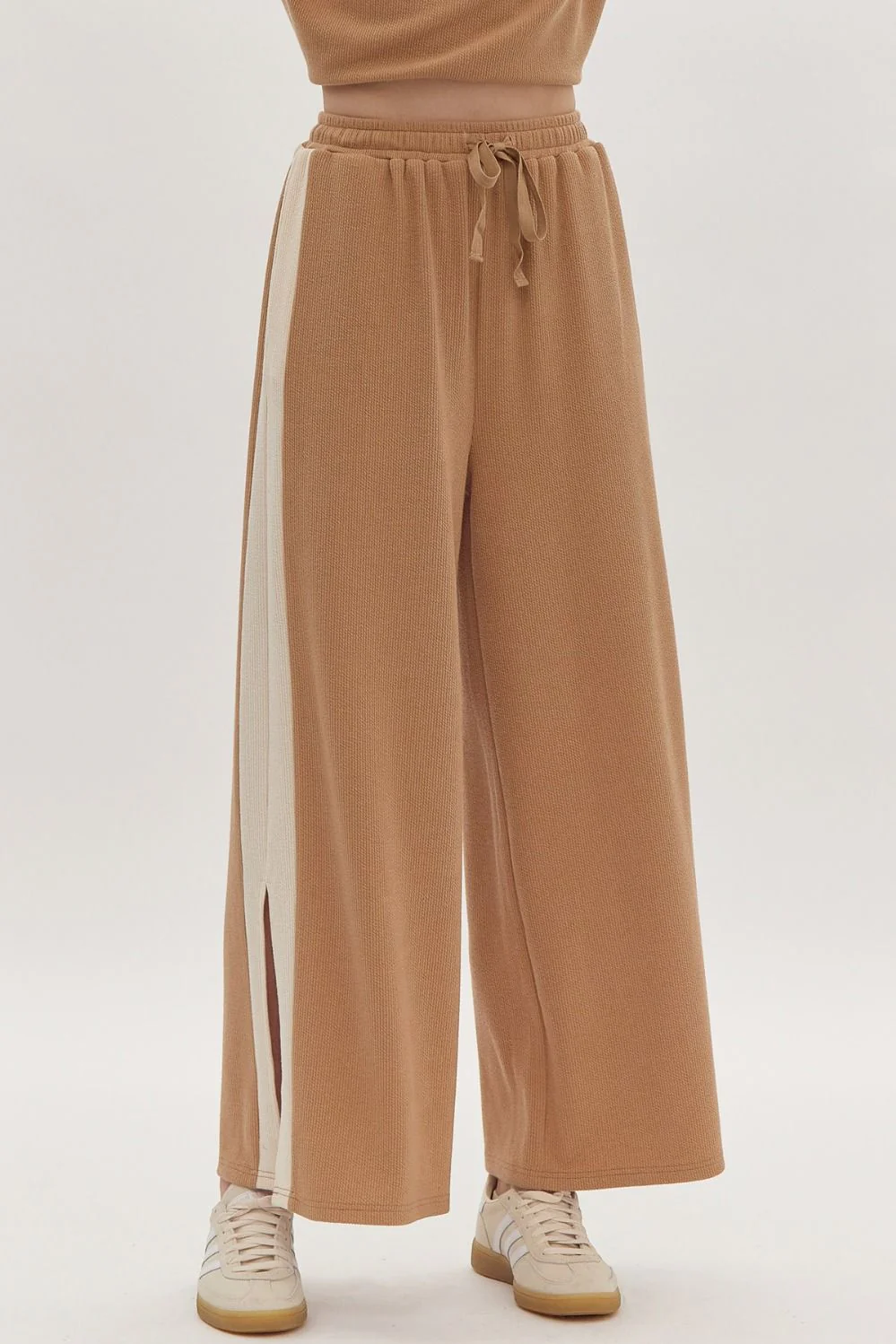 Solid Ribbed Contrast Trim Wide Leg Pants in Camel - Image 6