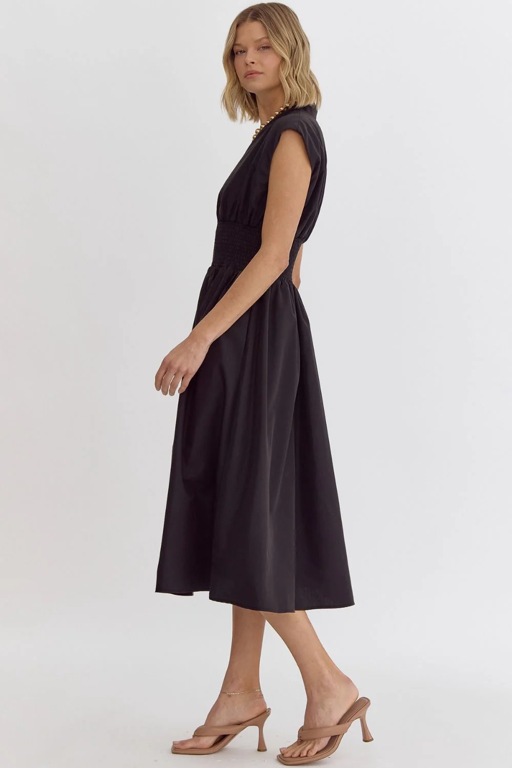 Solid V-Neck Sleeveless Dual Zipper Midi Dress in Black - Image 11