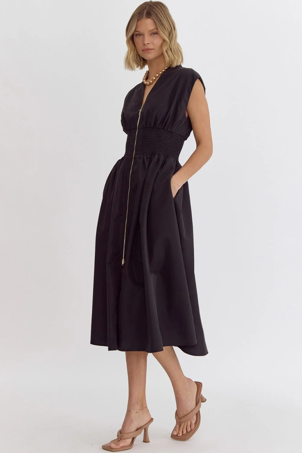 Solid V-Neck Sleeveless Dual Zipper Midi Dress in Black - Image 12