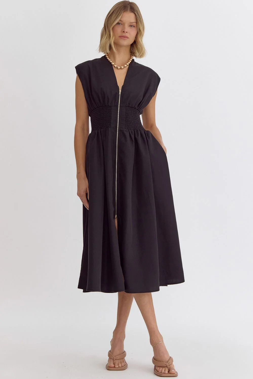 Solid V-Neck Sleeveless Dual Zipper Midi Dress in Black - Image 13