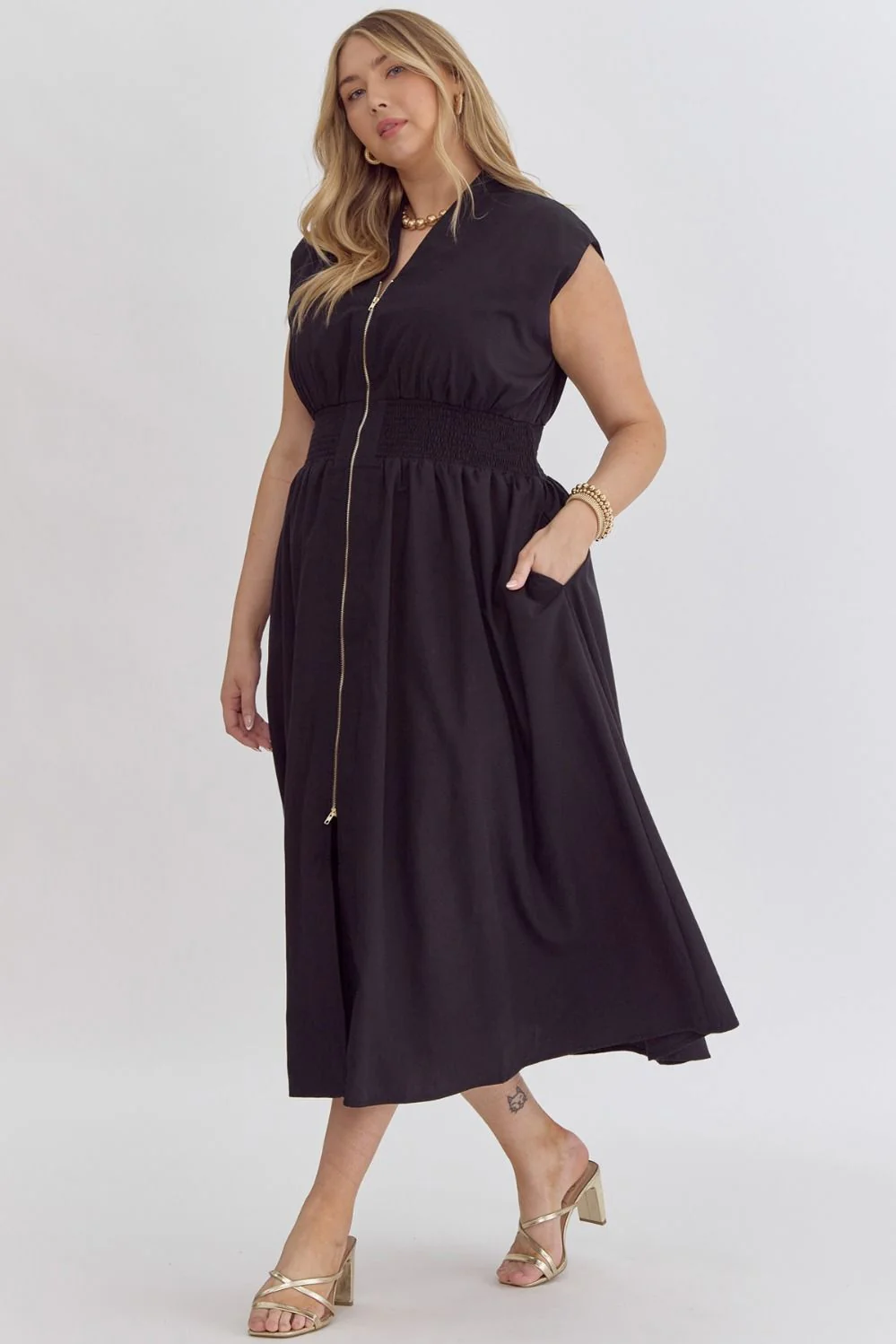 Solid V-Neck Sleeveless Dual Zipper Midi Dress in Black - Image 5