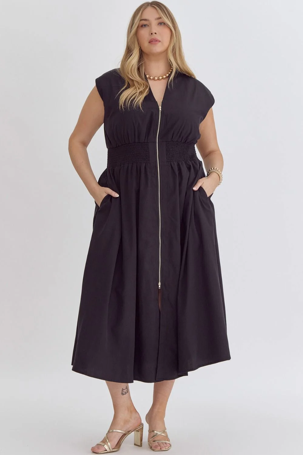 Solid V-Neck Sleeveless Dual Zipper Midi Dress in Black - Image 6