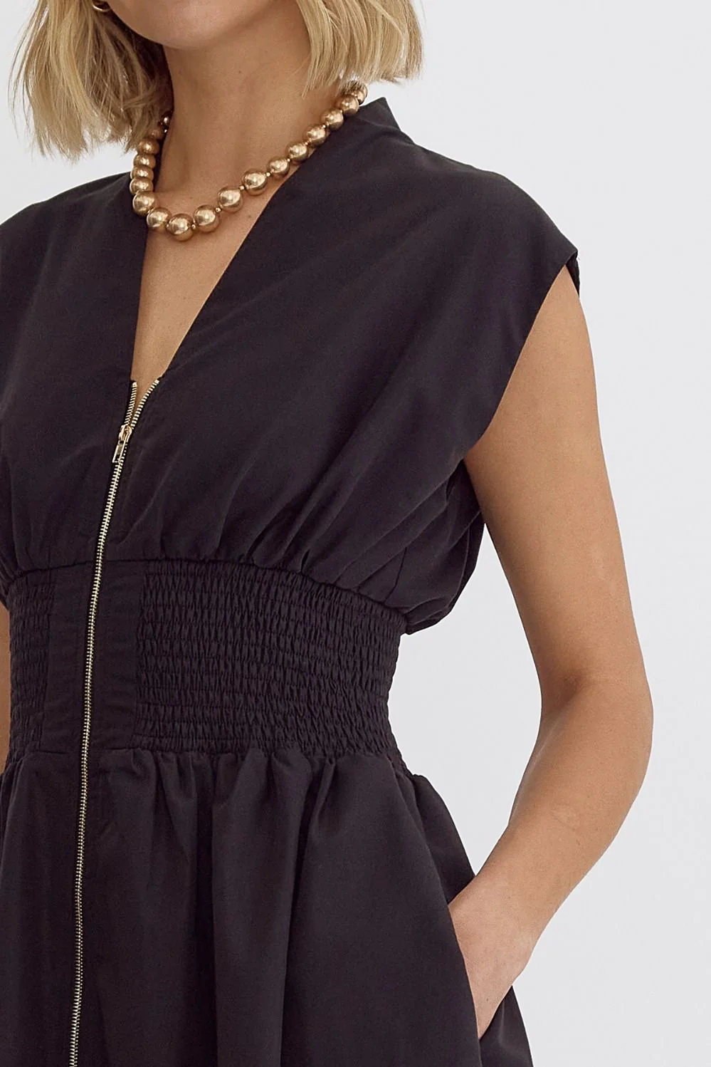 Solid V-Neck Sleeveless Dual Zipper Midi Dress in Black - Image 8