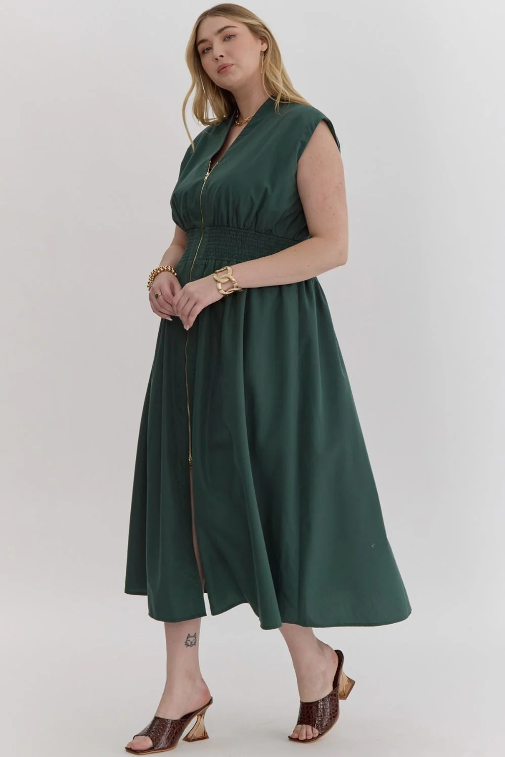 Solid V-Neck Sleeveless Dual Zipper Midi Dress in Hunter - Image 11