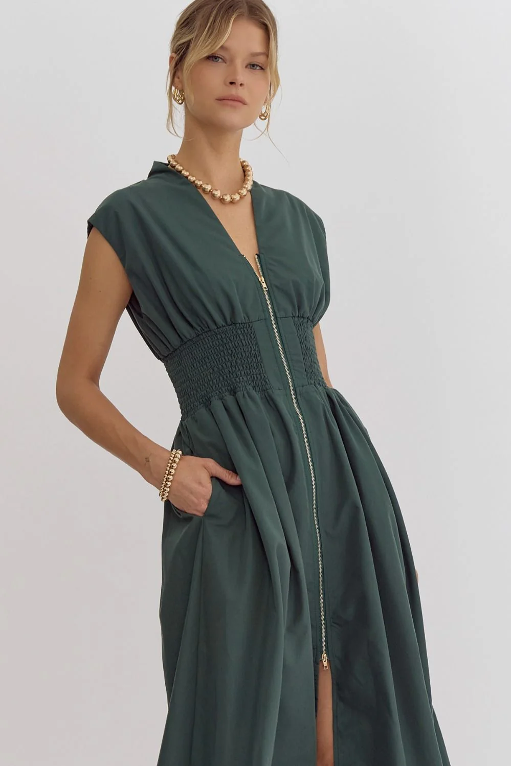 Solid V-Neck Sleeveless Dual Zipper Midi Dress in Hunter - Image 2