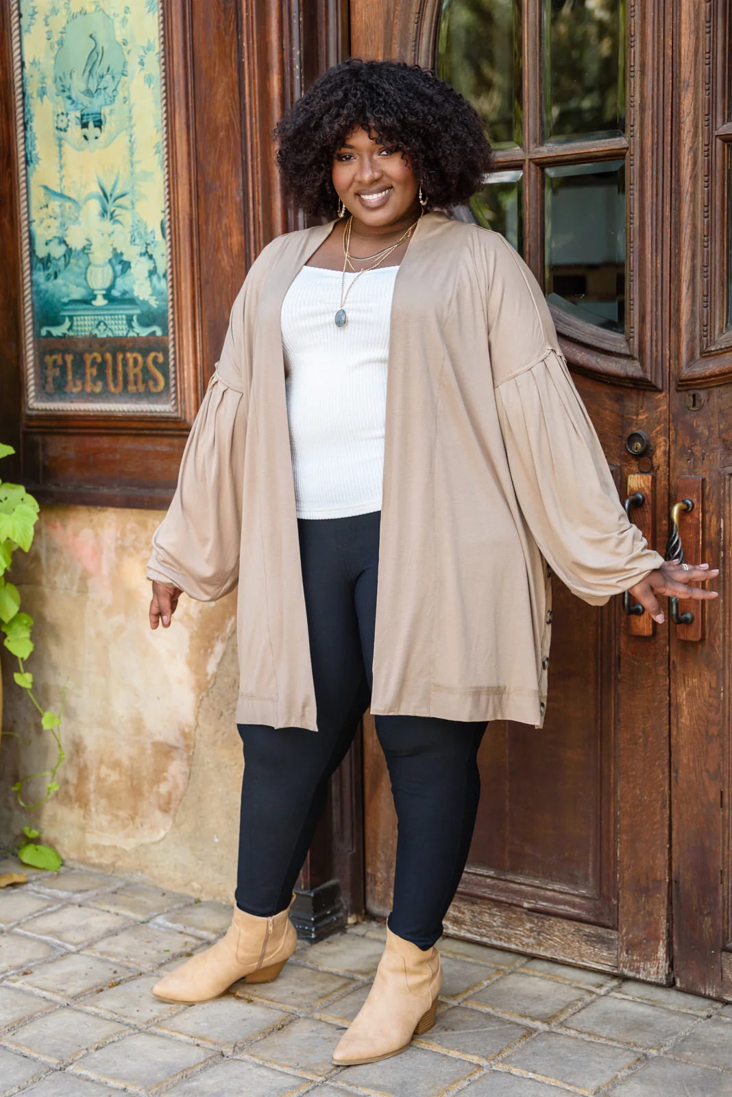 Stefanie Open Front Balloon Sleeve Cardigan In Taupe - 9/29/2022 - Image 3