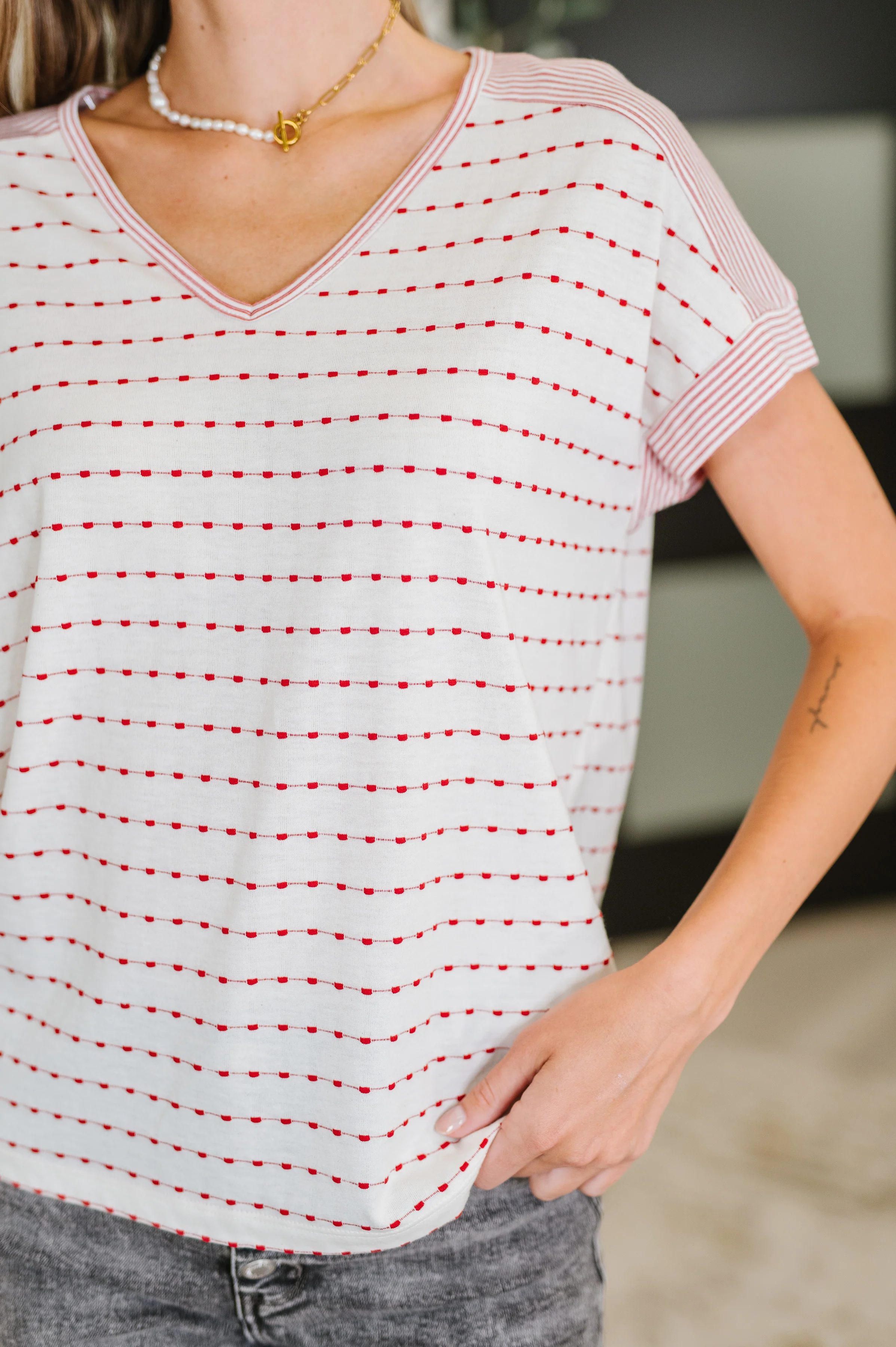 Stitched with Love V-Neck Top in Ivory and Red - 6/24/2025 - Image 3