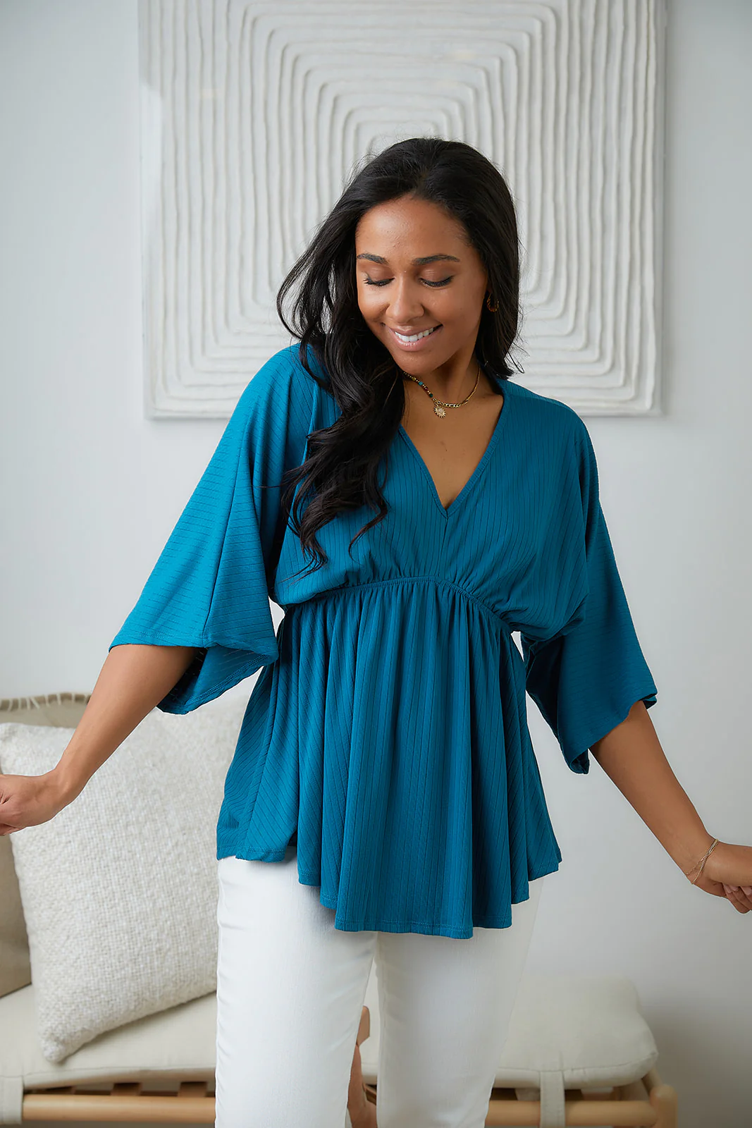 Storied Moments Draped Peplum Top in Teal - 5/19/2023 - Image 14