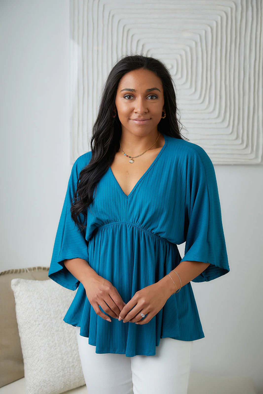 Storied Moments Draped Peplum Top in Teal - 5/19/2023 - Image 3